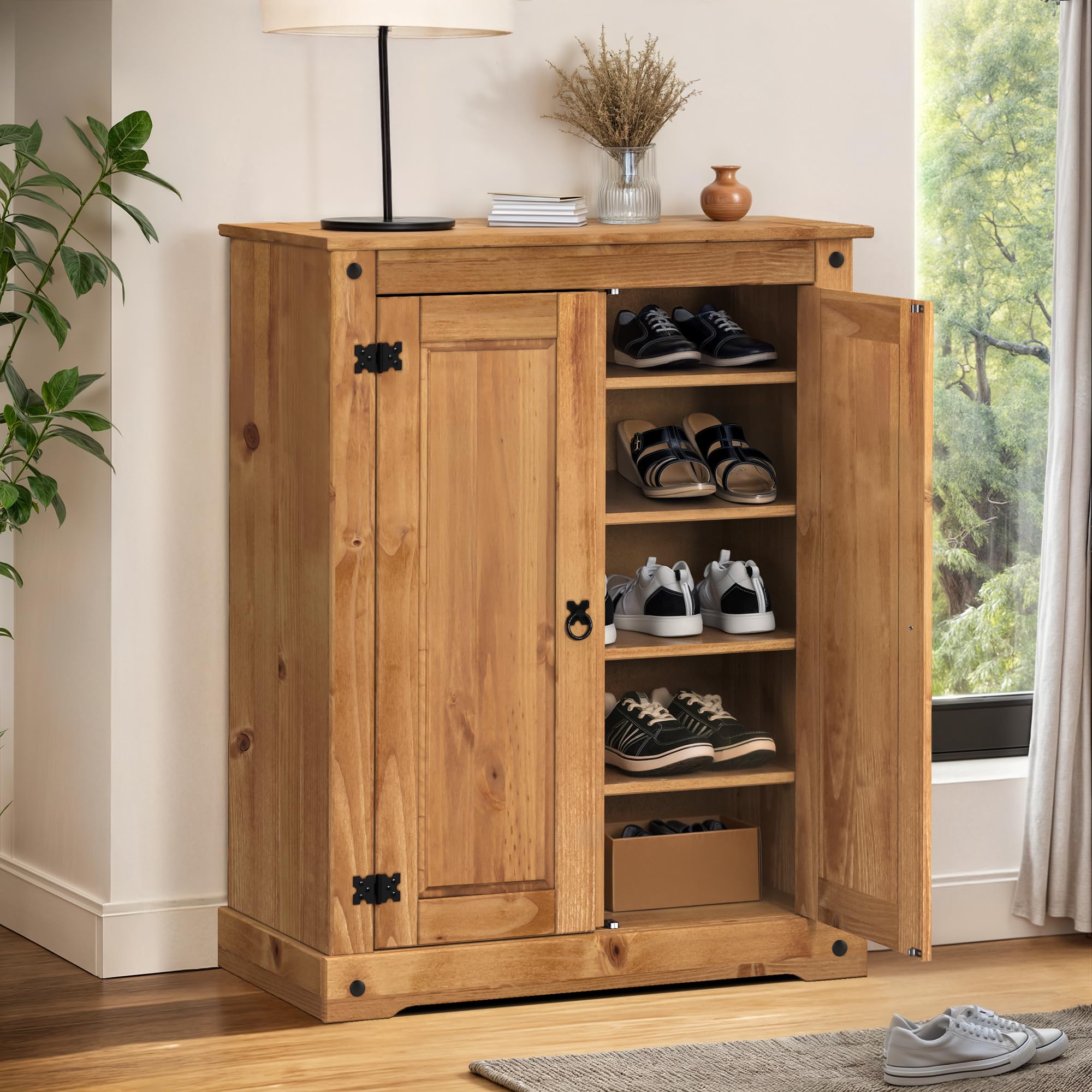 Corona Shoe Rack Cupboard 2 Door Chest Antique Wax Solid Wood Mexican Pine Wooden Footwear Storage Cabinet Hallway Entrance Hall 108cm High 86cm Wide 39cm Deep
