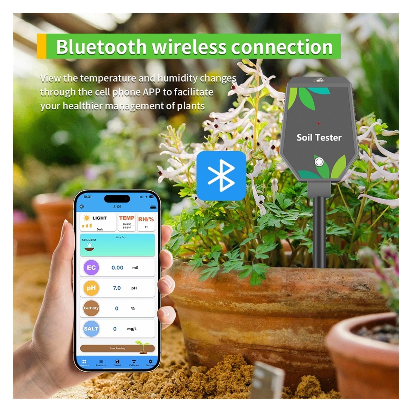 Medidor de humedad del suelo, Medidor de pH del suelo profesional, medidor de pH, CE, fertilidad, salinidad, monitor, luz inteligente, detector de humedad del aire. Para jardinería y agricultura