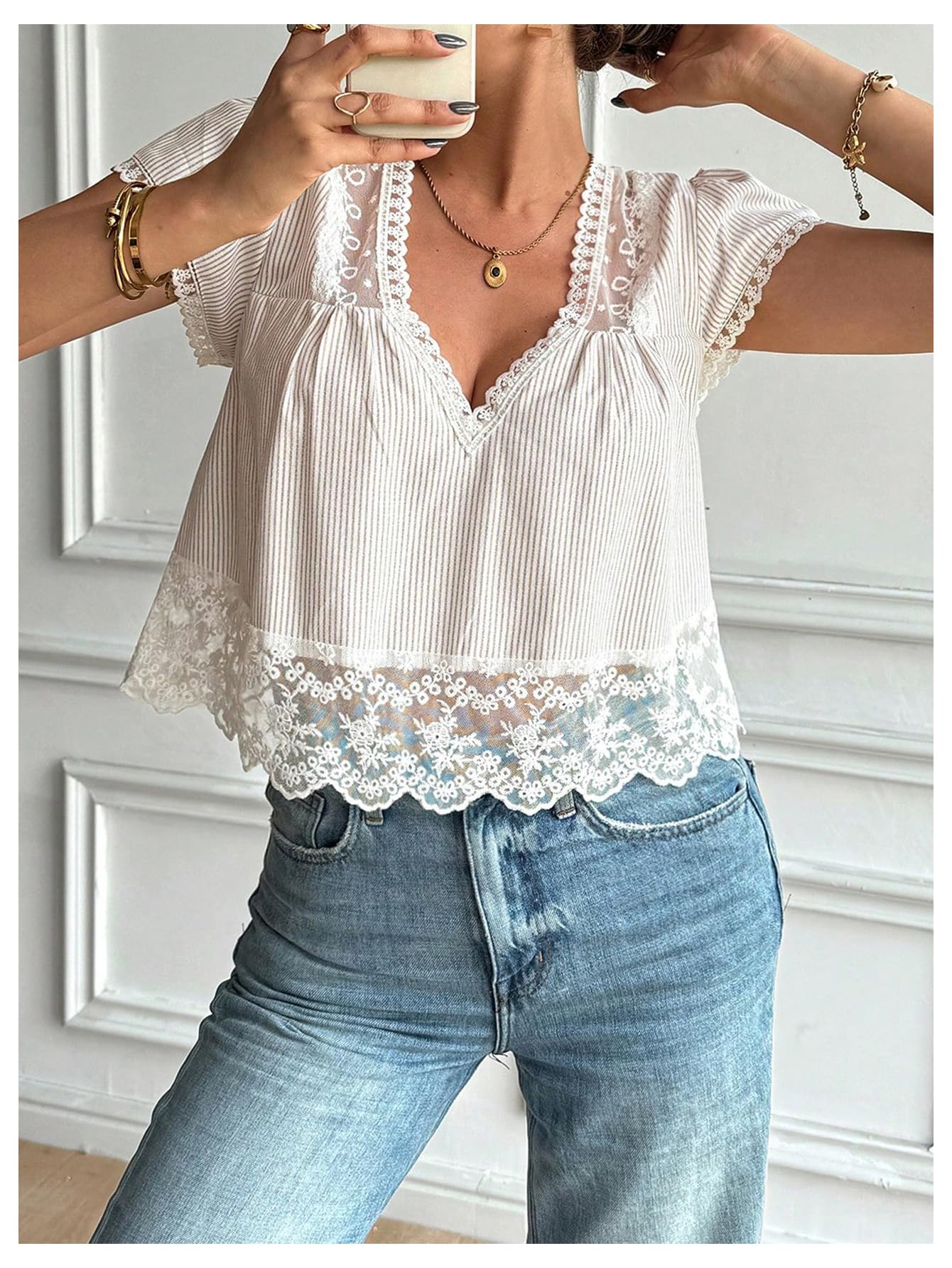 MakeMeChic Women's Going Out Striped Lace Blouse Ruffle Sleeve Tie Back Crop Tops