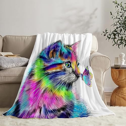 Miniatura 2 de Manta de gato para niñas y mujeres, manta colorida de gato con mariposa, ultra suave y acogedora, manta de forro polar lindo para niños, amantes de