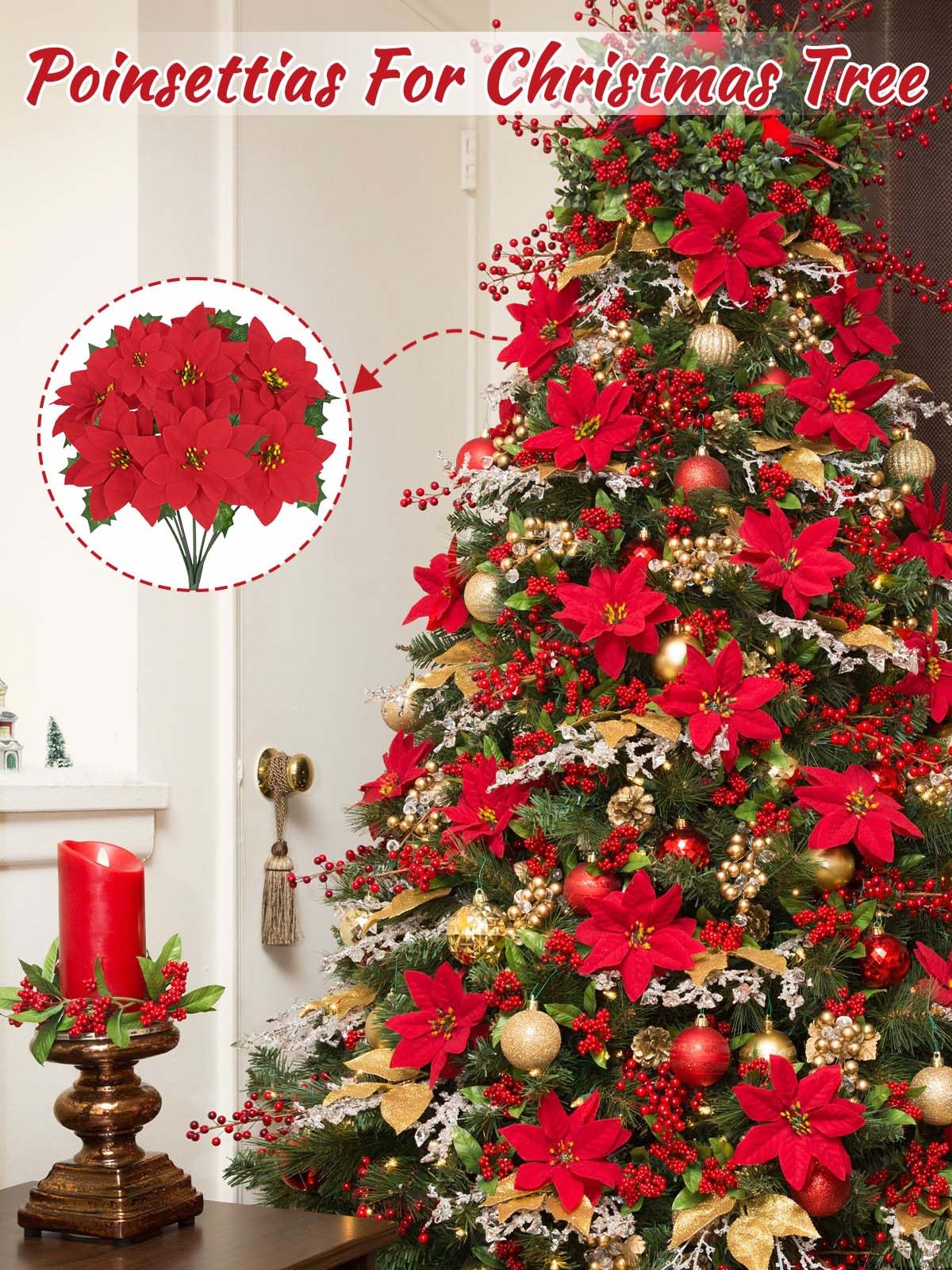 Decoraciones de Navidad – Paquete de 12 flores artificiales de Navidad de 14.1 pulgadas, flores de Pascua artificiales de terciopelo rojo para árbol de Navidad, hogar, fiesta, porche, patio,