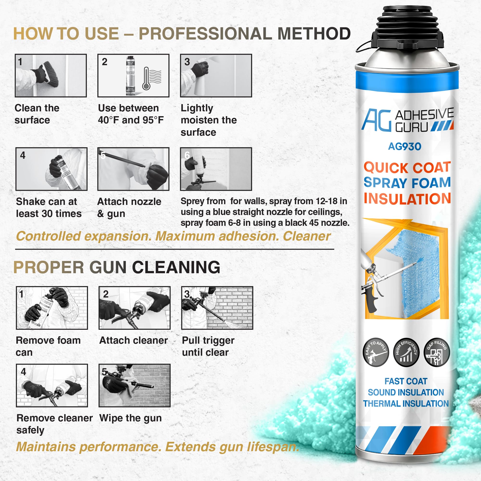 Adhesive Guru - Kit de aislamiento de espuma en aerosol (12 x 32.80 oz/930 gr - 240 Bd Ft) Aislamiento térmico de celda cerrada y spray acústico, adhesivo autoexpandible con limpiador de espuma y