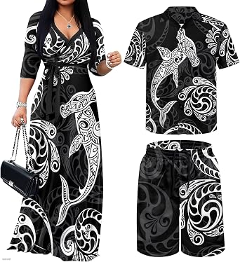 Samoa Couples Matching Outfit Polynesian Dress for Women Puletasi Shirts for Men Tribal Workout Shorts