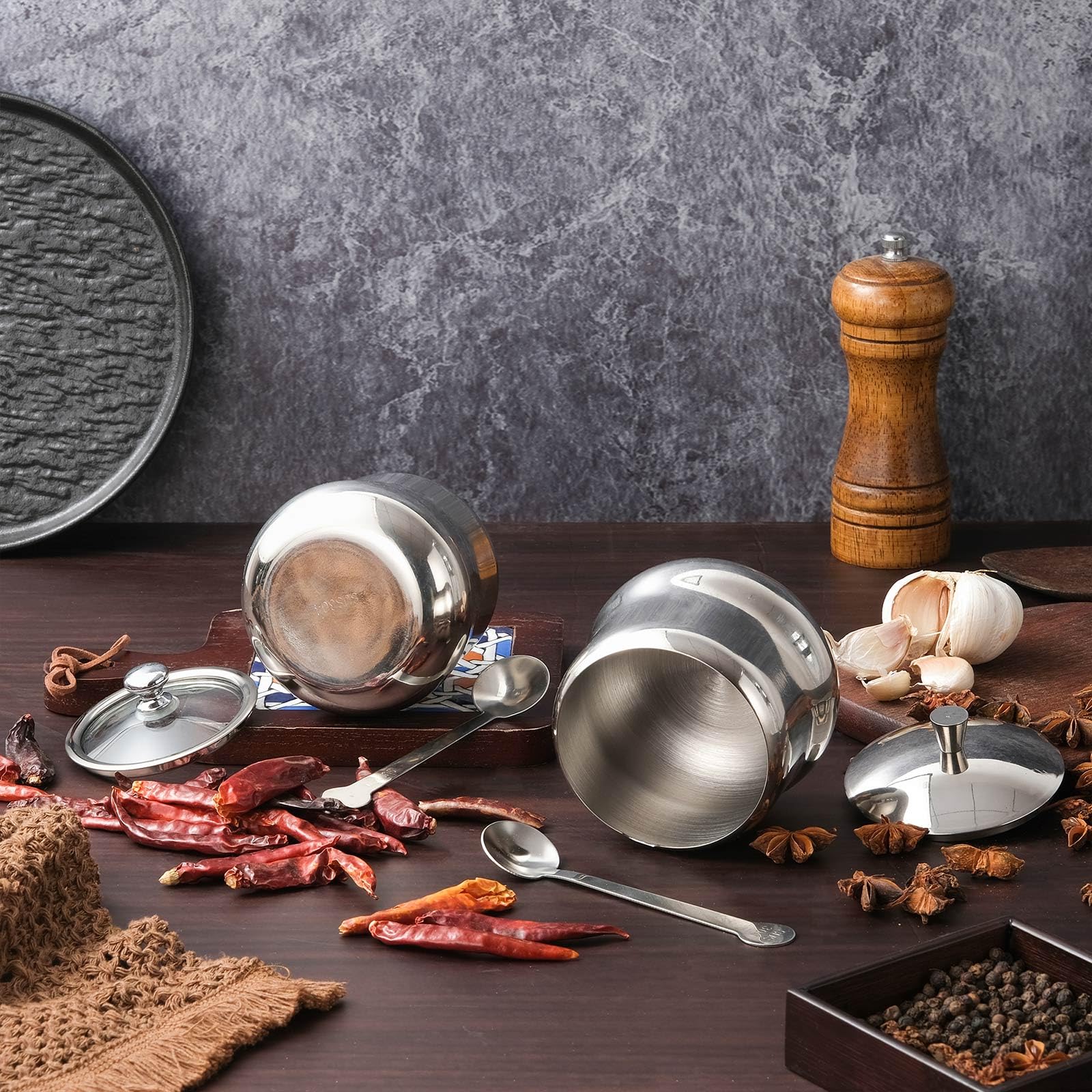 Azucarero decorativo de acero inoxidable de 12 onzas con cuchara y tapa de vidrio, pequeños tarros de especias para condimentos, olla de condimentos para cocina, mesa de café
