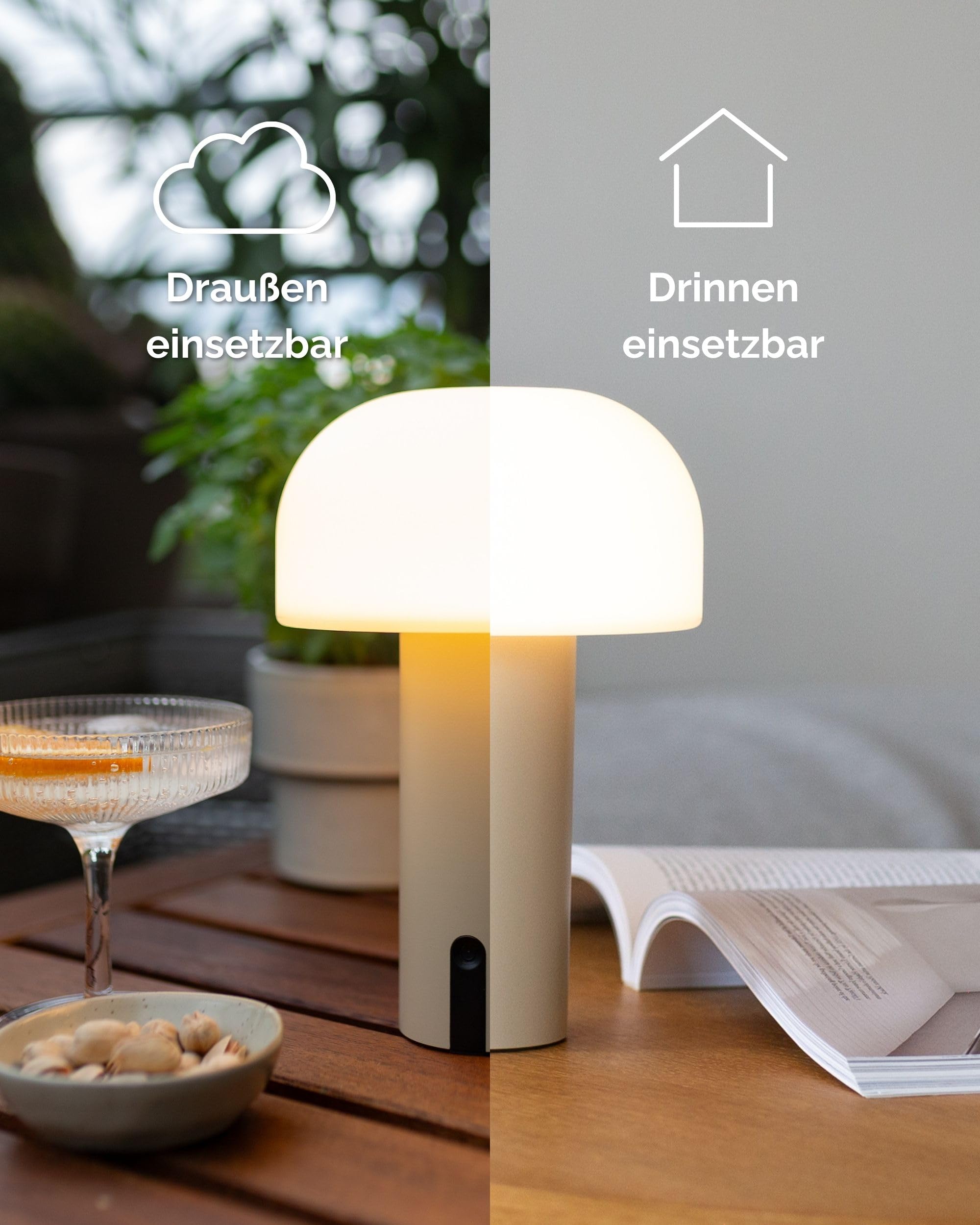 LUUK Studio LED Tischlampe in Pilzform, kabellos mit Akku, dimmbar per Touch, IP44 spritzwassergeschützt für Garten, Terrasse & Balkon, lange Leuchtdauer, dekorative Design Leuchte, Matt Rosa