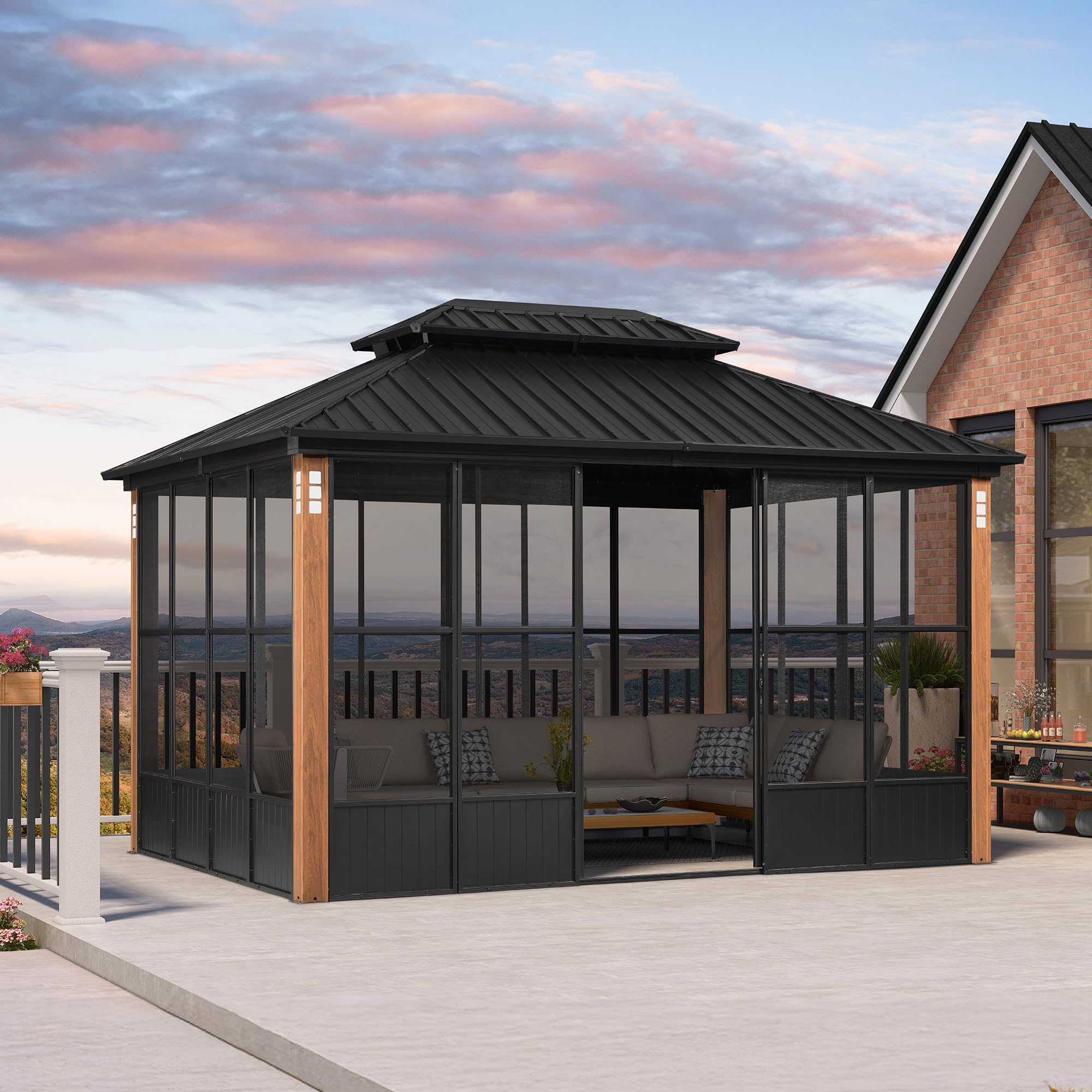 PURPLE LEAF 12' X 14' Patio Hardtop Gazebo Double Top Outdoor Screen Aluminum Solarium Backyard with Detachable Windows: 10' X 13' Sunroom