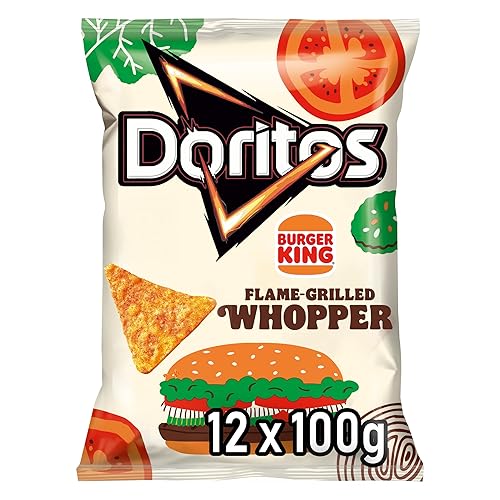 Doritos Burger King - Tortilla Chips mit Flame Grilled Whopper Geschmack - Herzhafter Snack zum Knabbern aus Mais (12 x 100g) (Verpackungsdesign kann abweichen)