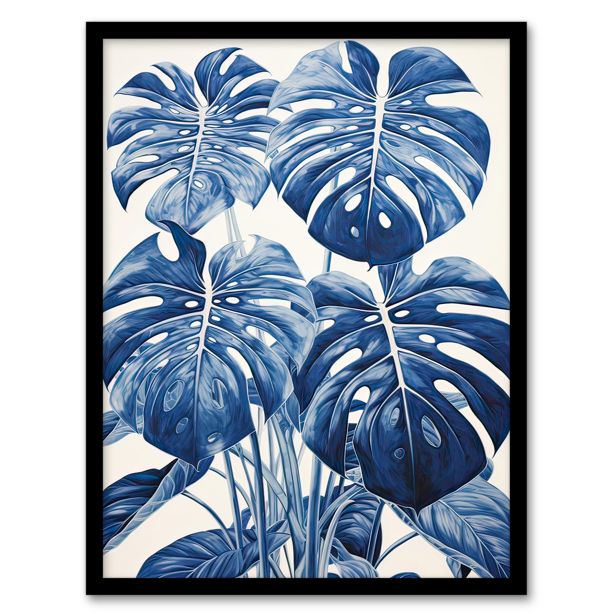 Artery8 Monstera Plant Leaves Detailed Blue Pencil Drawing Artwork Framed Wall Art Print 18X24 Inch