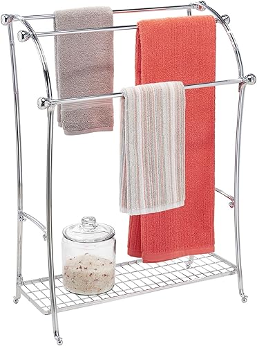 mDesign Toallero independiente grande con estante de almacenamiento, organizador de metal de 3 niveles para toallas de baño y de mano, paños de