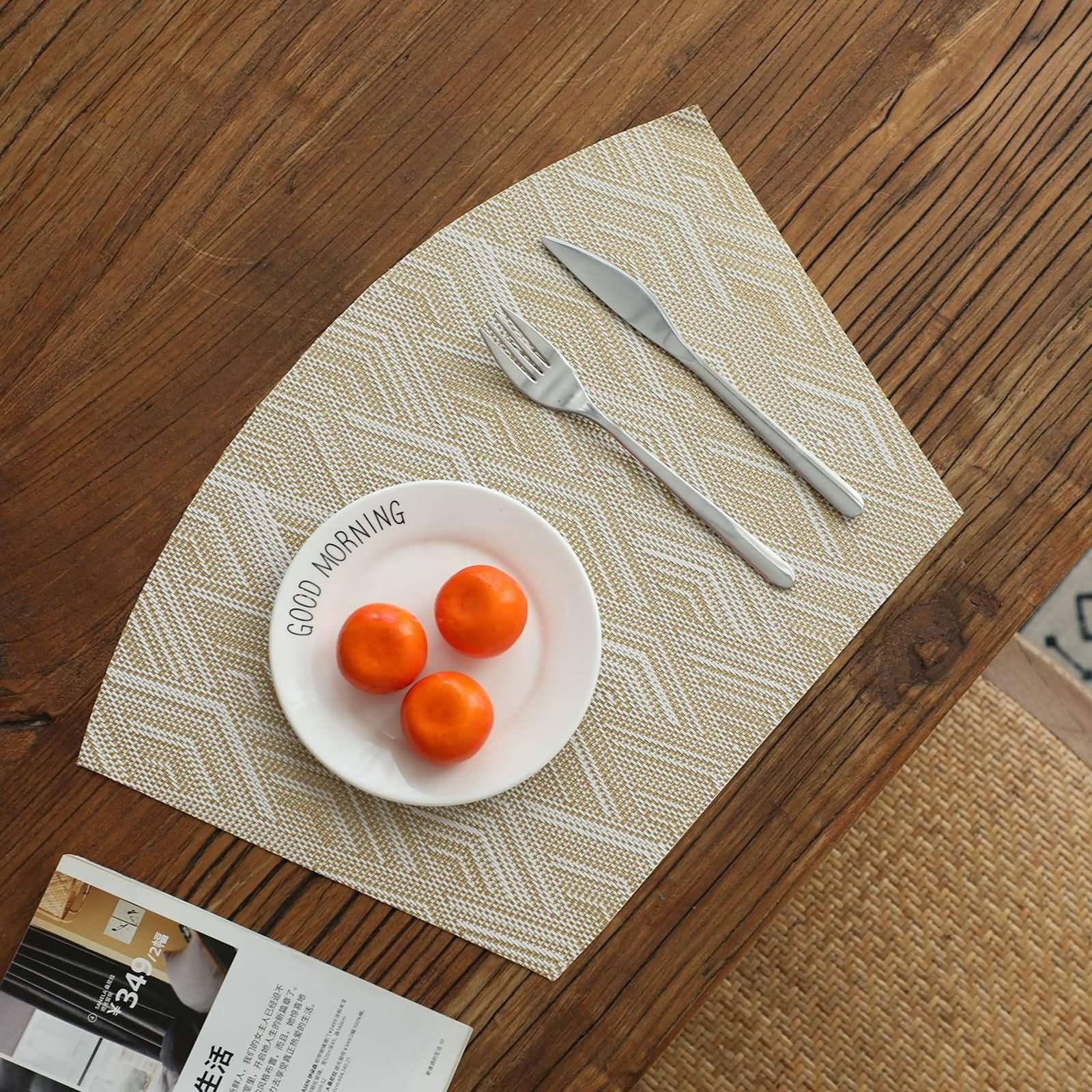 Podkładki na stół do jadalni w kształcie wachlarza 8 szt., 40 x 29 cm PVC żółta podkładka pod talerze nowoczesne, wzór rombowy z wentylatorem