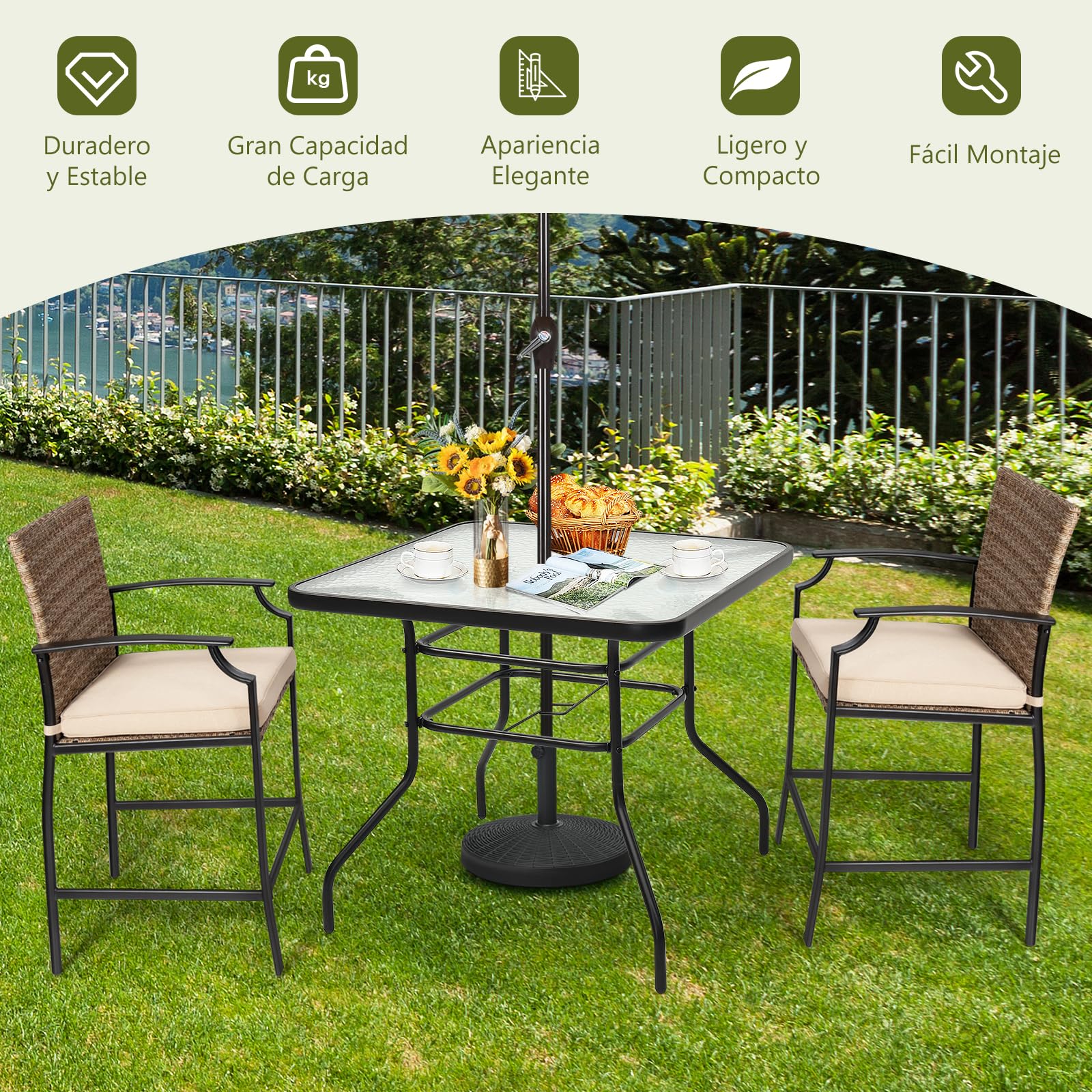 RELAX4LIFE Mesa Auxiliar de Vidrio Templado y Marco de Metal con Agujero para Sombrilla Ø33mm, Mesa Exterior para Jardín, Balcón, Terraza y Bistro, Carga 80 kg, 81x81x71cm (Cuadrado)