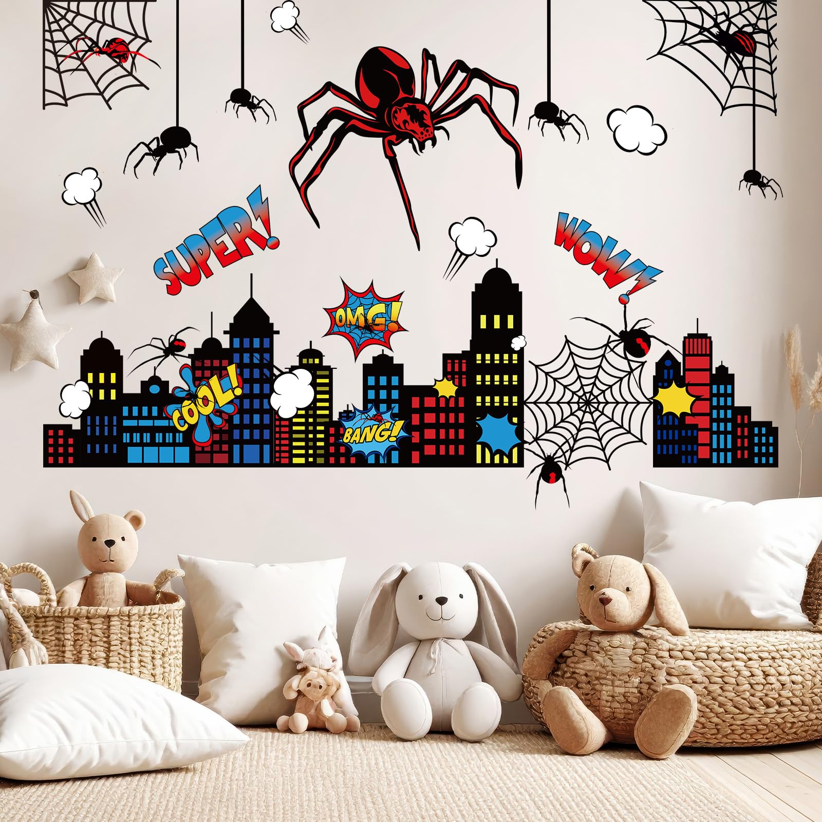 Photo 1 of Gilprop Spider Theme Wall Stickers Spiderweb Wall Decal Colorful City Skyline Decor Pack Cool Comics Style Peel and Stick (XXL,Spider)