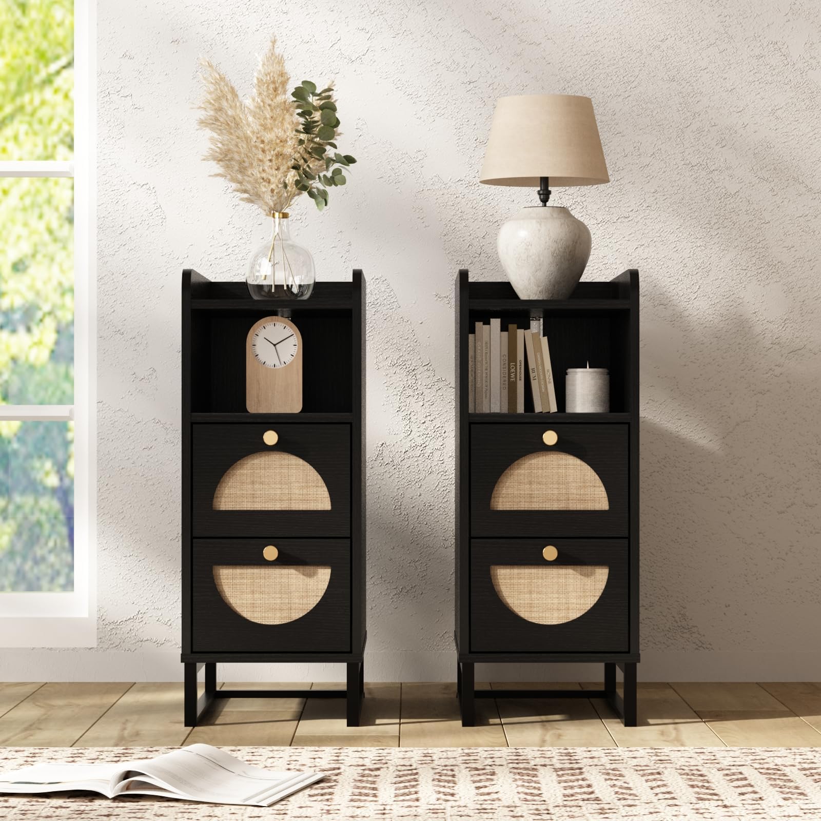 WINWY Black Rattan-Weave Narrow Nightstand Set of 2