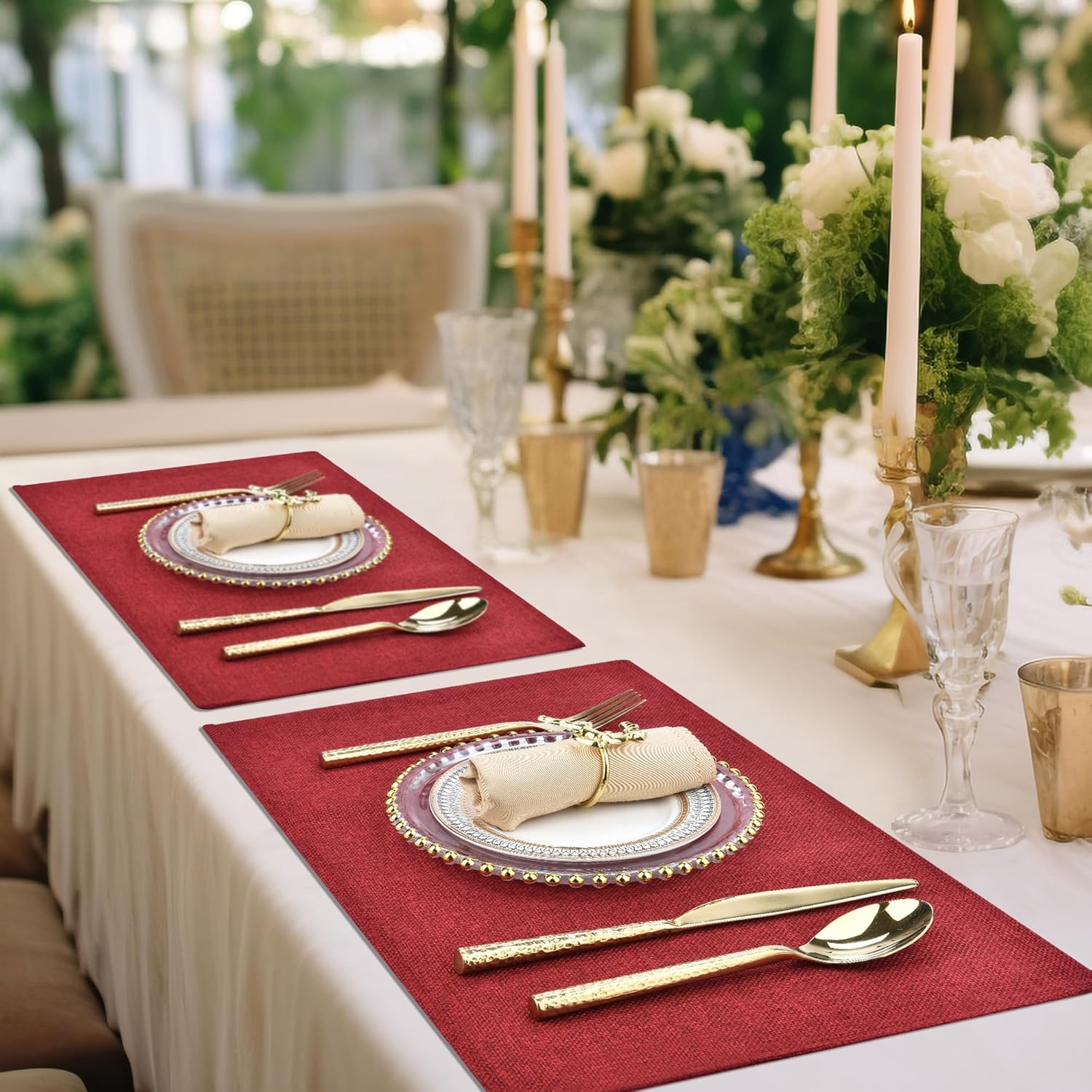 SLKQG Christmas Linen Fabric Placemats Set of 4 - Holiday Dining Table Mats for Festive Decor, Heat Resistant & Machine Washable, Place Mats for Dinner Parties, Xmas Gift for Home (4, Wine Red) - Image 7