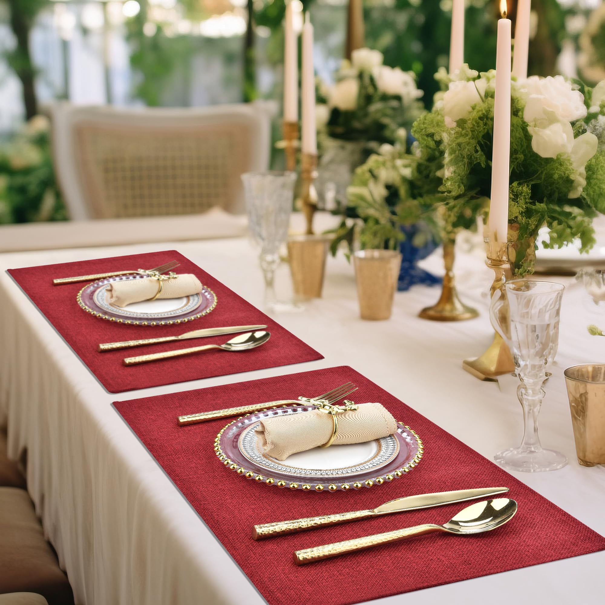 SLKQG Christmas Linen Fabric Placemats Set of 4 - Holiday Dining Table Mats for Festive Decor, Heat Resistant & Machine Washable, Place Mats for Dinner Parties, Xmas Gift for Home (4, Wine Red)