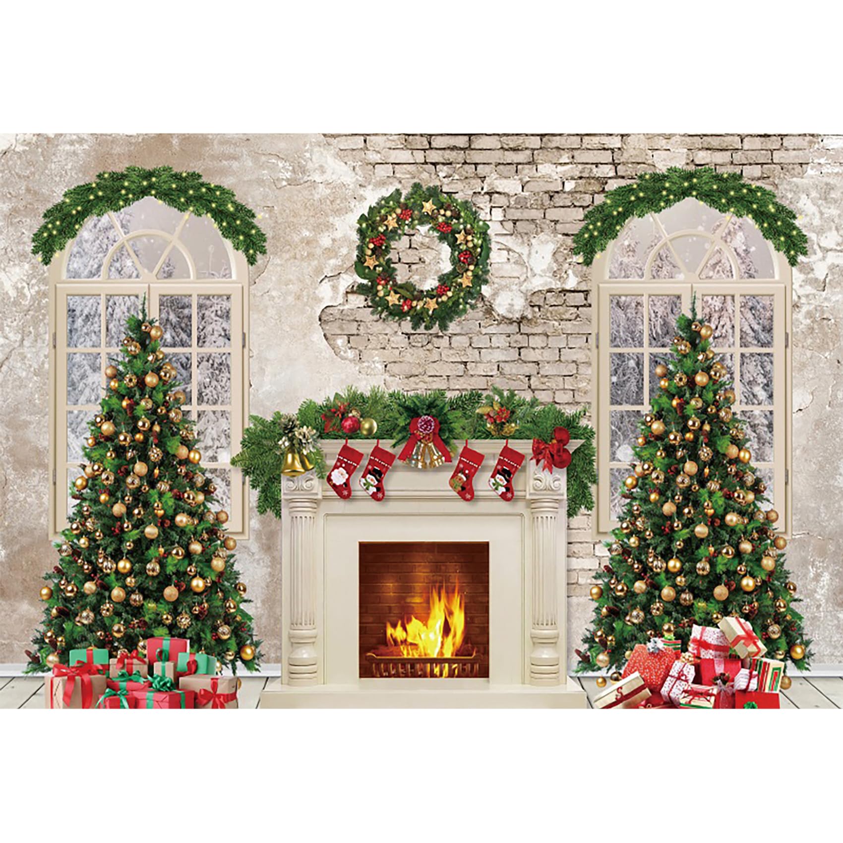Baocicco 20x10ft Christmas Fireplace Backdrop Christmas Trees Red Socks Gifts Vintage Wall Backdrop for Photography Merry Xmas Family Winter Holiday