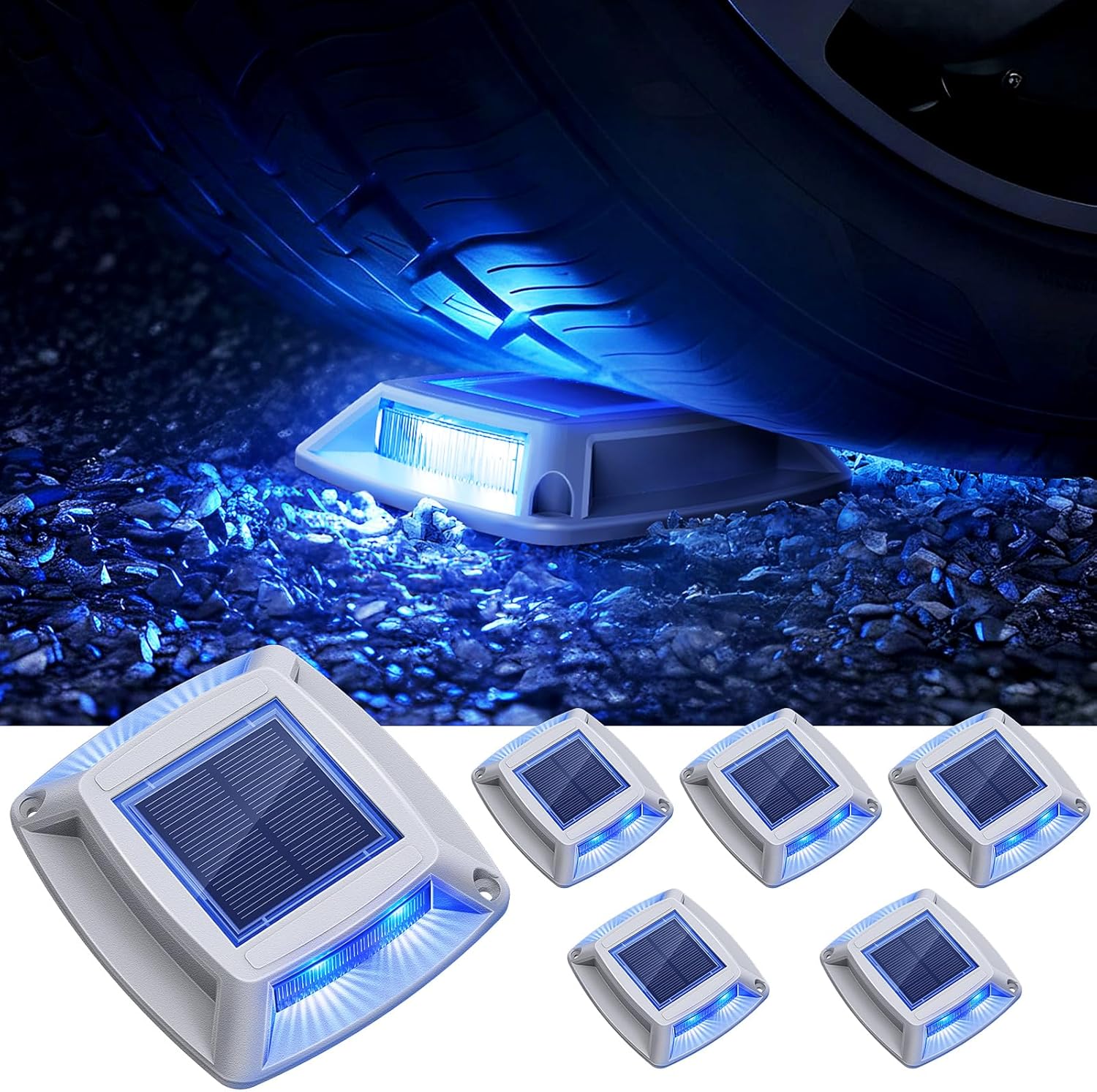Solar Driveway Lights Outdoor 6 Pack, IP68 Waterproof Solar Powered Driveway Marker Deck Dock Lights for Steps Pathway Walkway Sidewalk Garden Yard Stair Marine (Blue)