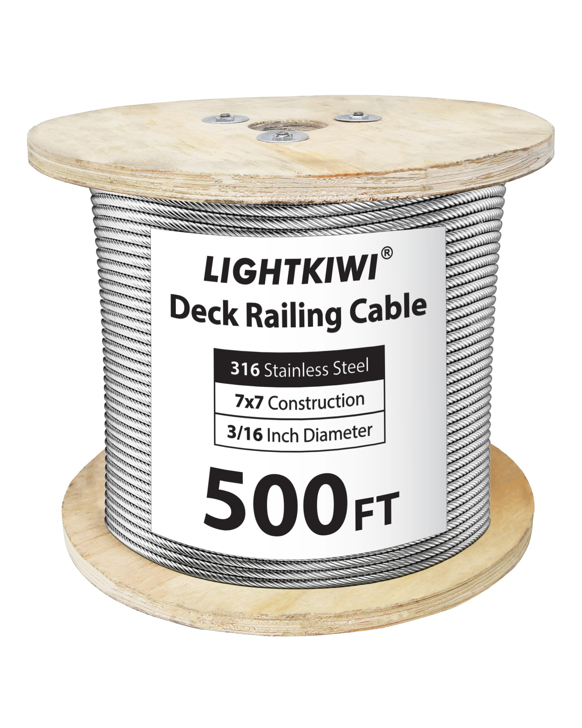 Lightkiwi500FT 3/16" 7x7 Premium 316 Stainless Steel Cable for Decking, Railing, Outdoor, DIY Projects