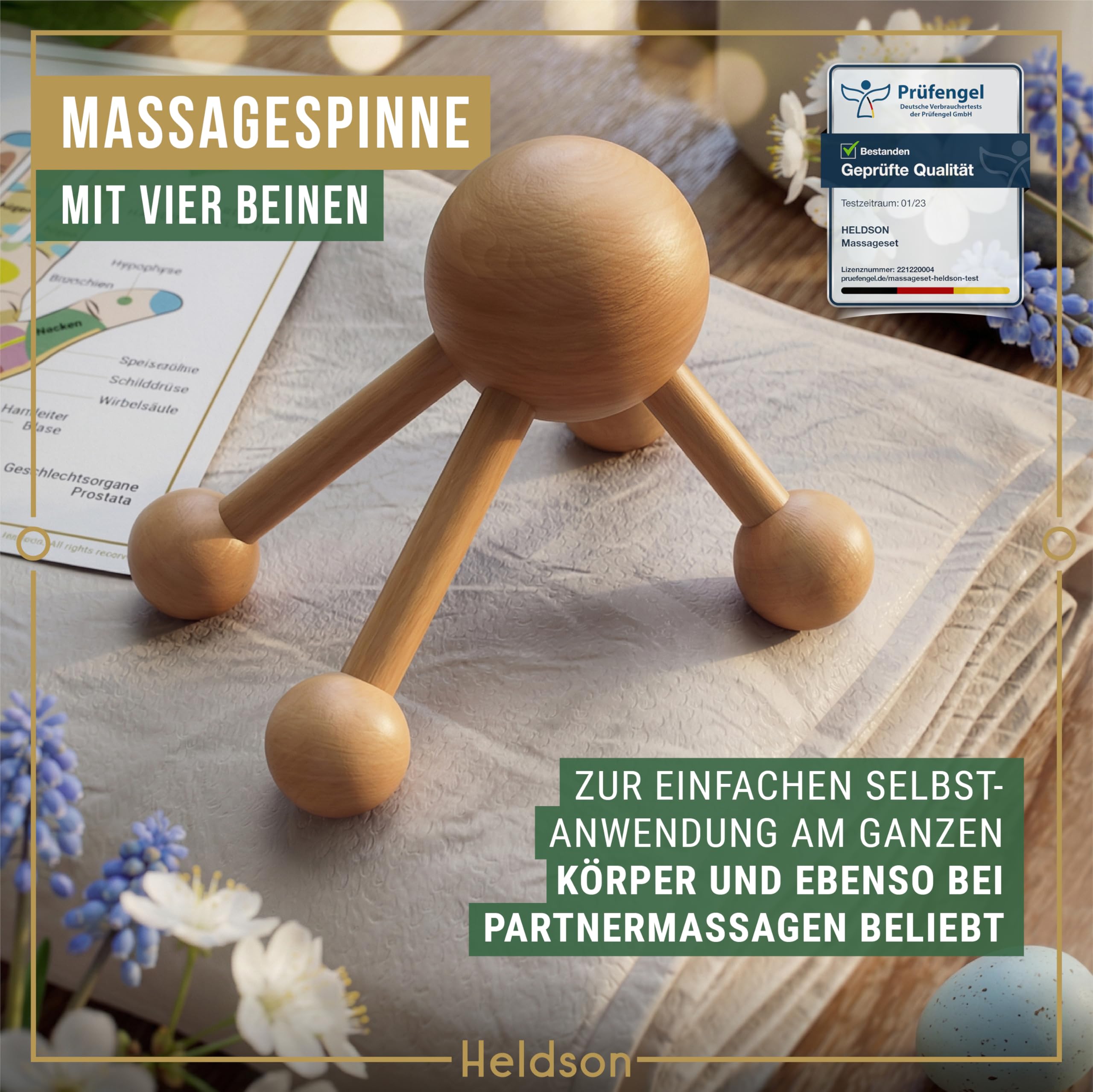 HELDSON® Massage Set Holz [6 Teile] FSC®100% - Diverse Massagegeräte & Massage Roller - Fußmassage, Kopfmassage, Triggerpunkt Drücker - Entspannung - Ostern Geschenke - Anti Cellulite, Stress