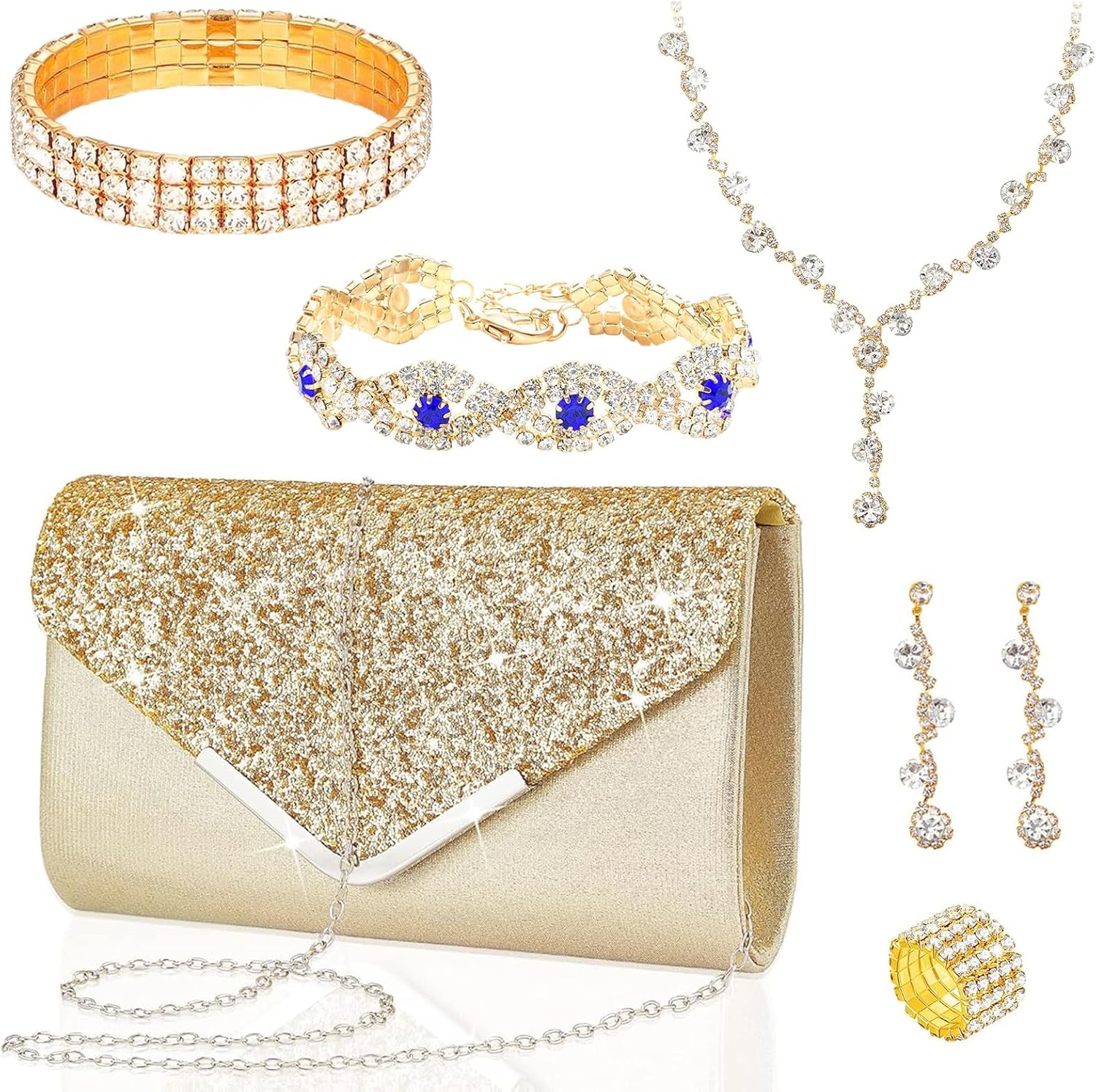 6 Pcs Gold Jewelry Set, Rhinestone Clutch Purse Bride Jewelry Wedding Party Prom Necklace Earrings Bracelets Rings for Women Elegant Gifts