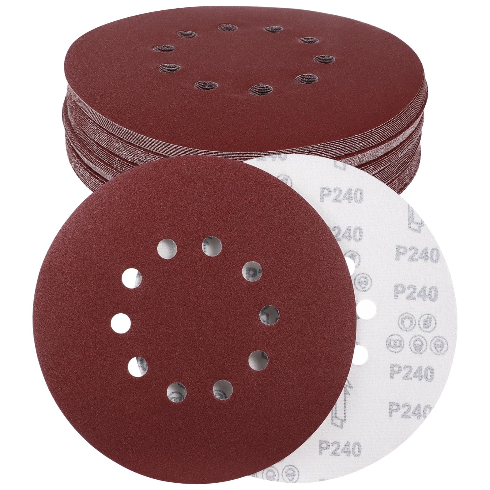 50 Stk. Schleifscheiben, 9 Zoll, 10 Löcher, Klettbefestigung, je 10 Stück 60 80 120 150 240 Körnung, Aluminiumoxid Schleifpapier für Trockenbauschleifer und Holzarbeiten