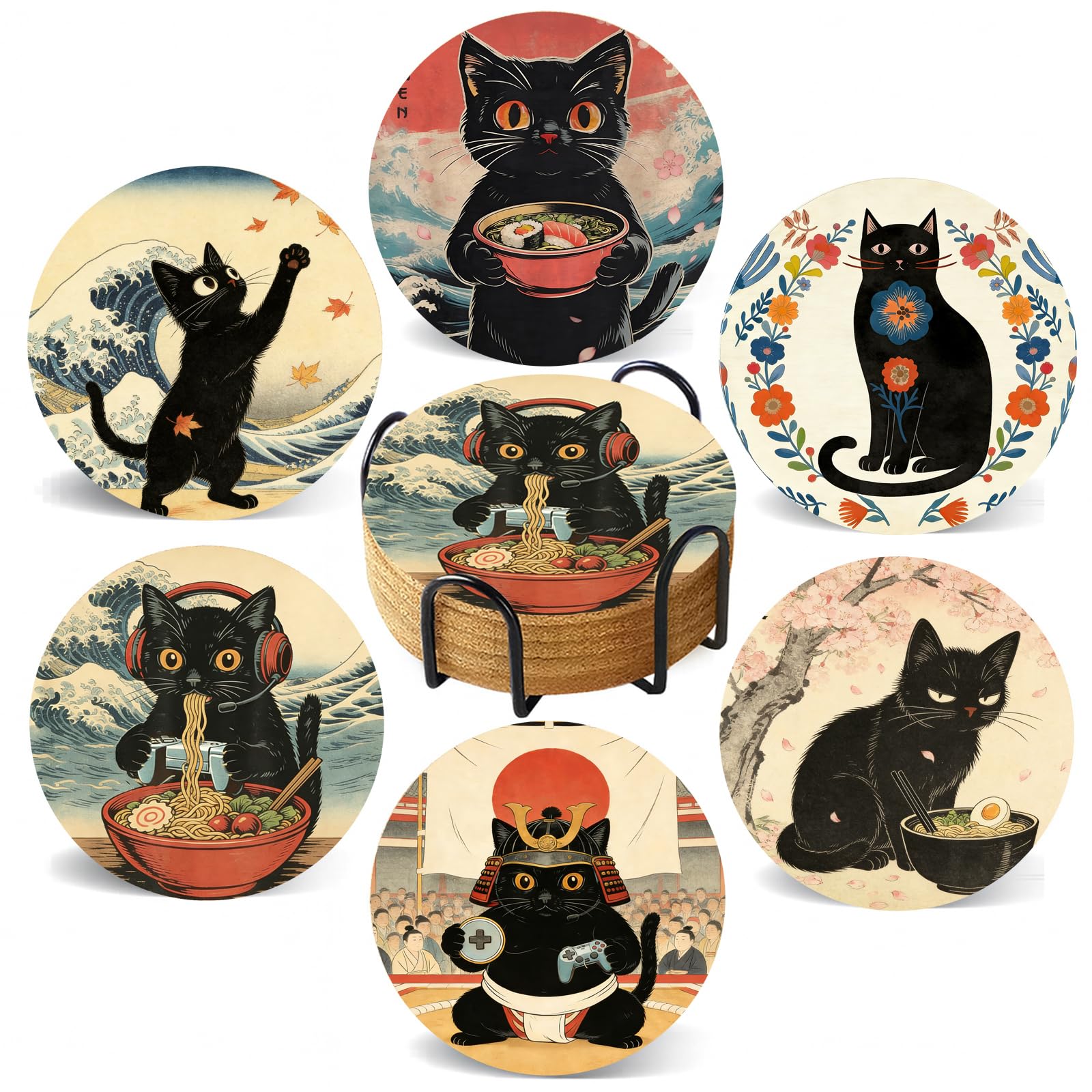 Cegkuc Coasters with Holder Set of 6, Japanese Ninja Cat Absorbent Cork Coaster Anime for Cup Desk Office Table Kitchen Decor House Warming Gifts for