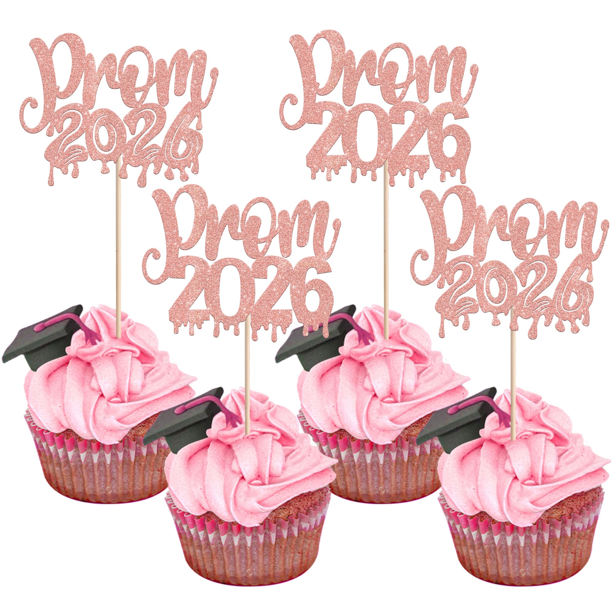 Xsstarmi 24 Pack Prom 2026 Cupcake Toppers Glitter Class of 2026 Congrats Grad Cupcake Picks for 2026 Graduation Prom Party Cake Decorations Supplies Rose Gold