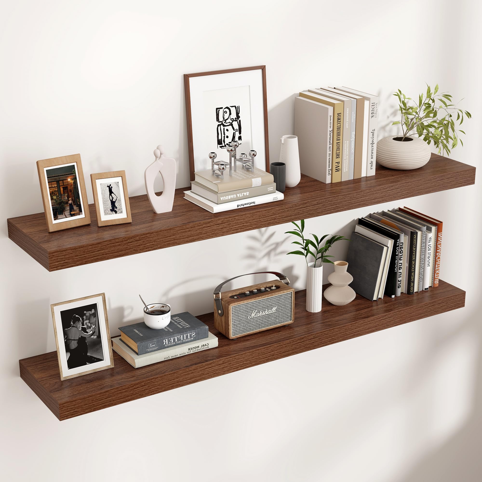 Venusmiles Floating Shelves for Wall, Engineered Wood Wall Shelves with Invisible Brackets for Living Room Bedroom Bathroom Office Kitchen Decor and