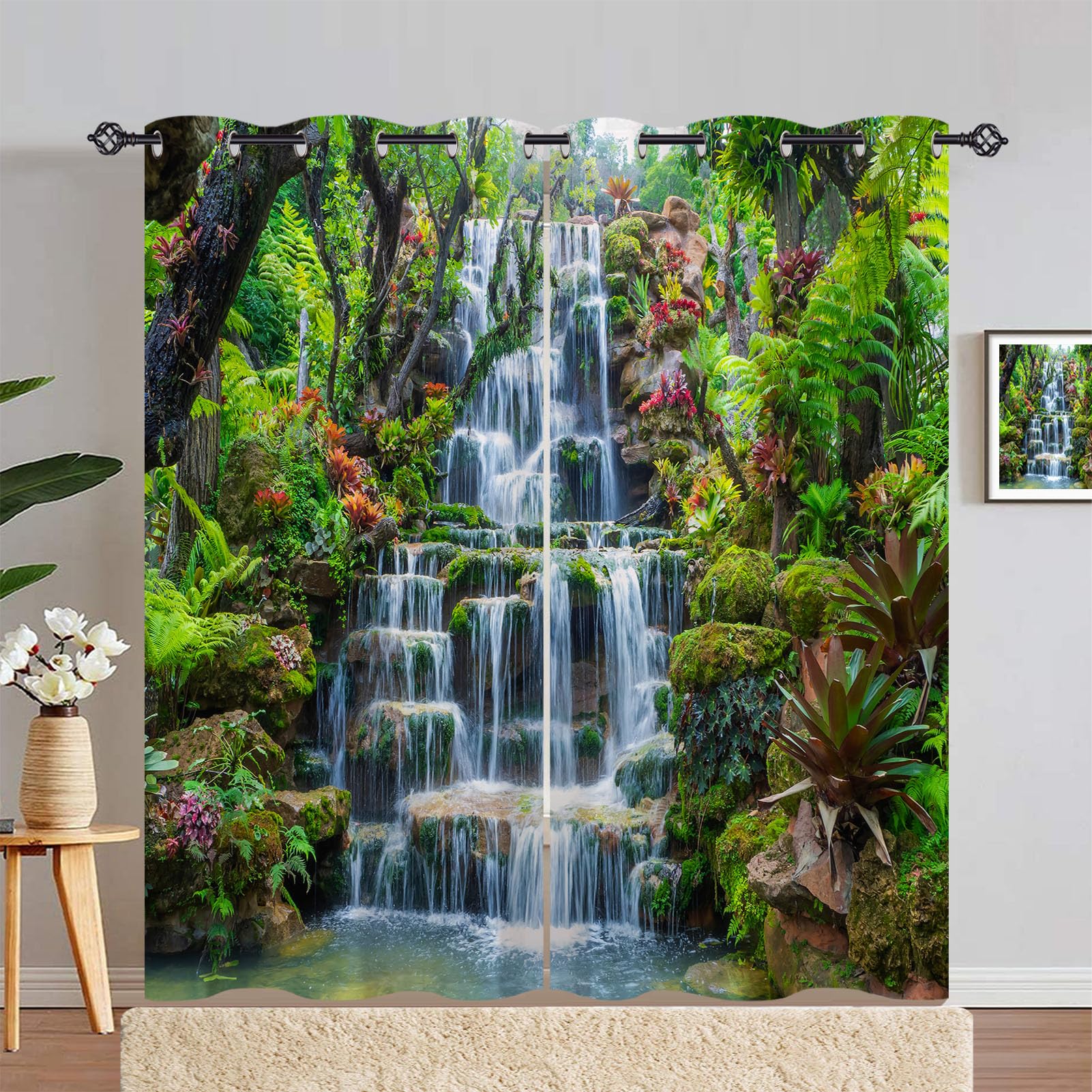 ANHOPE Waterfall Curtains Eyelet Blackout Thermal Insulated Curtains Nature Scenery Garden Waterfall Print Pattern Soft Soundproof Privacy Window Drapes for Bedroom Living Room 55 x 84 Inch 2 Panels — image 1