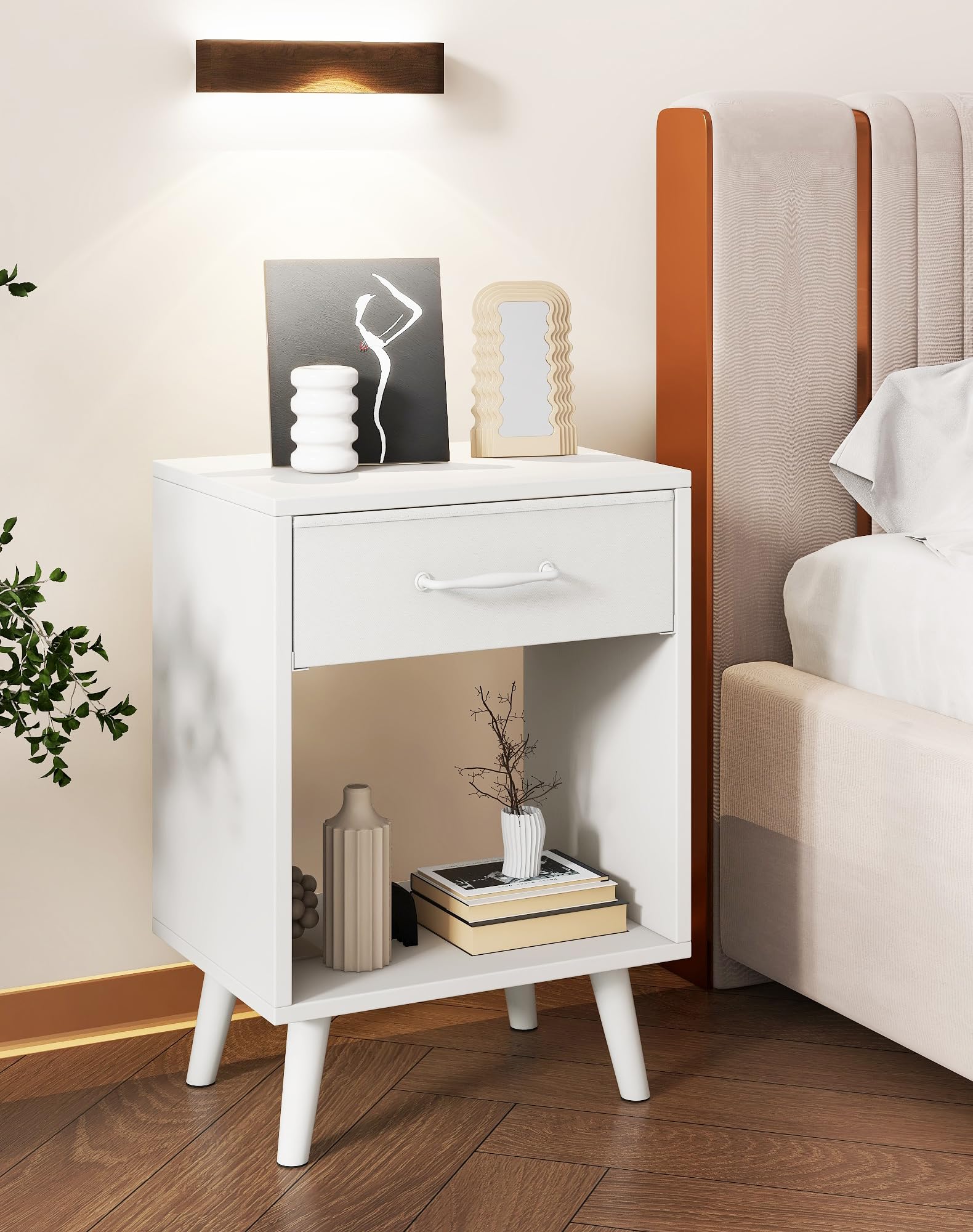 YMYNY Lot de 2 Tables de Chevet, Table d'Appoint, Commode de Chevet, Tiroir en Tissu avec Poignée, Étagère Ouverte, Pieds en Bois Massif, Style Industriel Rétro, pour Chambre, Salon, Blanc HST020W-2