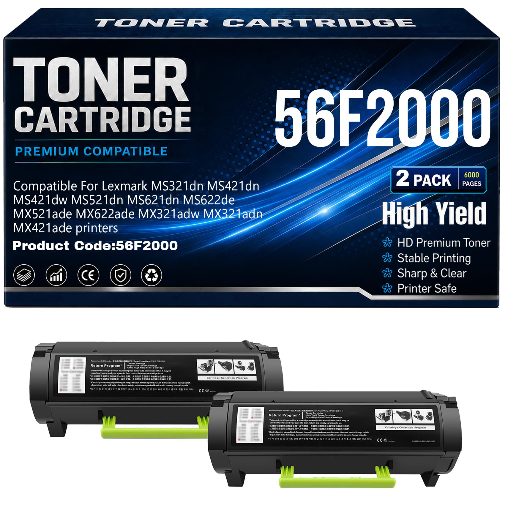 Cartucce toner per MS321dn MS421dn MS421dw MS521dn Compatibile 56F2000 | per Lexmark MS621dn MS622de MX521ade MX622ade MX321adw MX321adn MX421ade con chip 6.000 pagine,56F2000-2PC