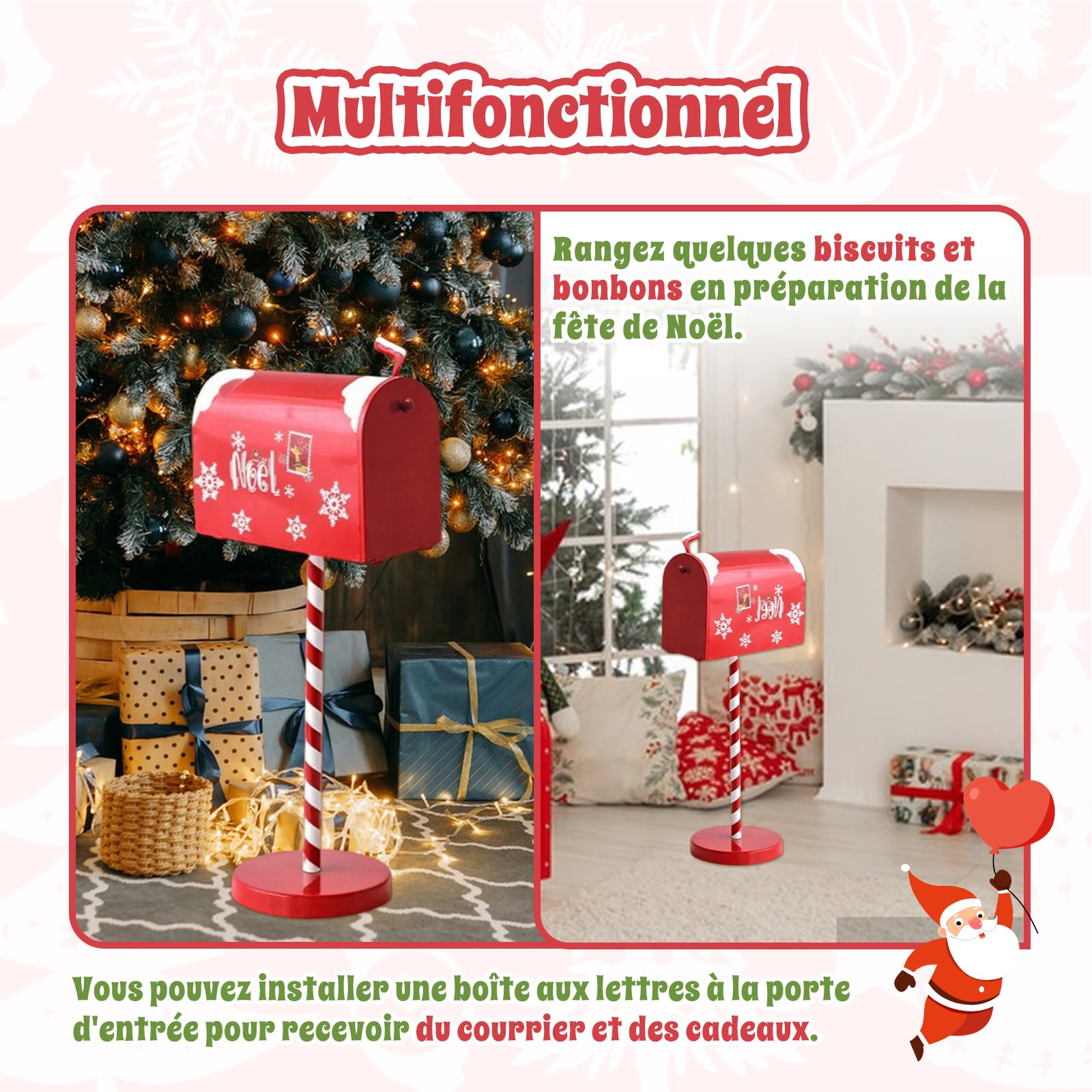 F Fityle Boîte aux Lettres de Noël en Fer, Facile à Installer, Boîte à Cartes de Vœux, Décoration de Porte d'Entrée avec Support, Collecteur de Messages Festifs, pour Intérieur et Extérieur, 22cmx50cm