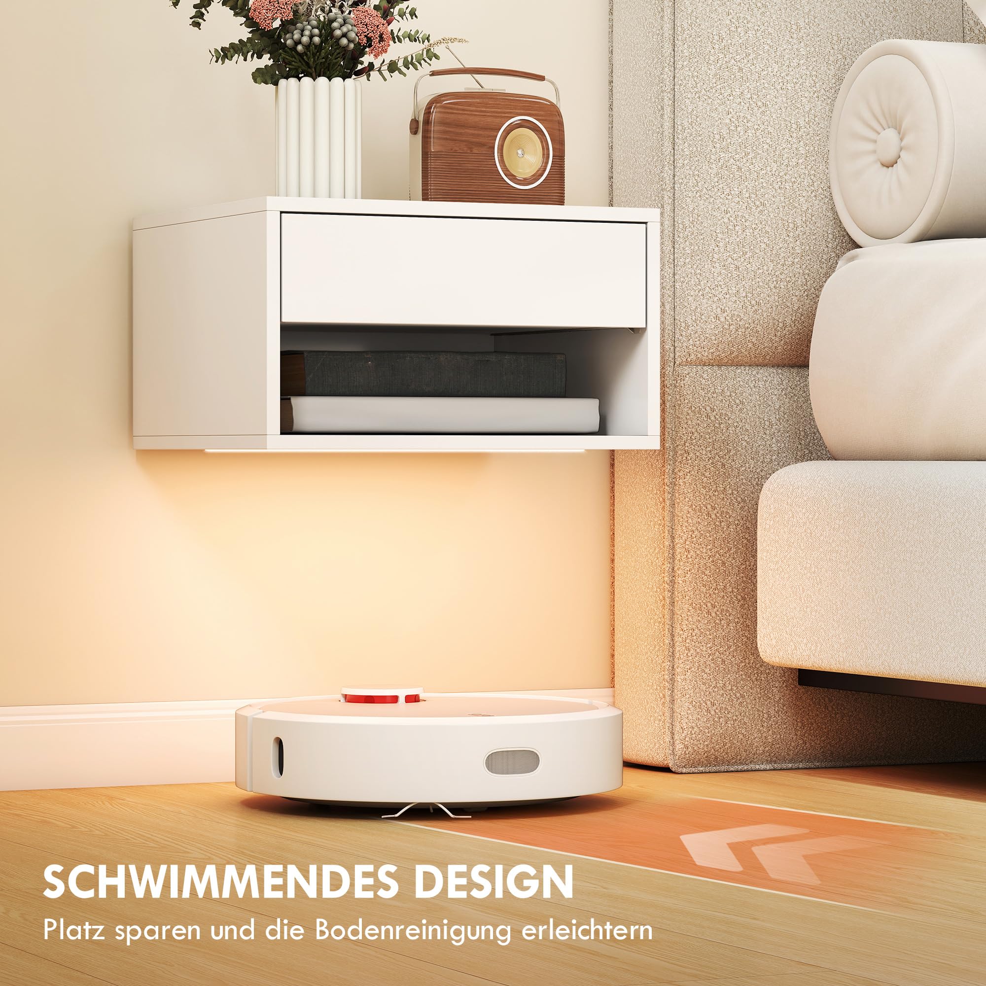 HOMCOM Nachttisch hängend 2er Set RGB-LED-Beleuchtung Schublade Weiß
