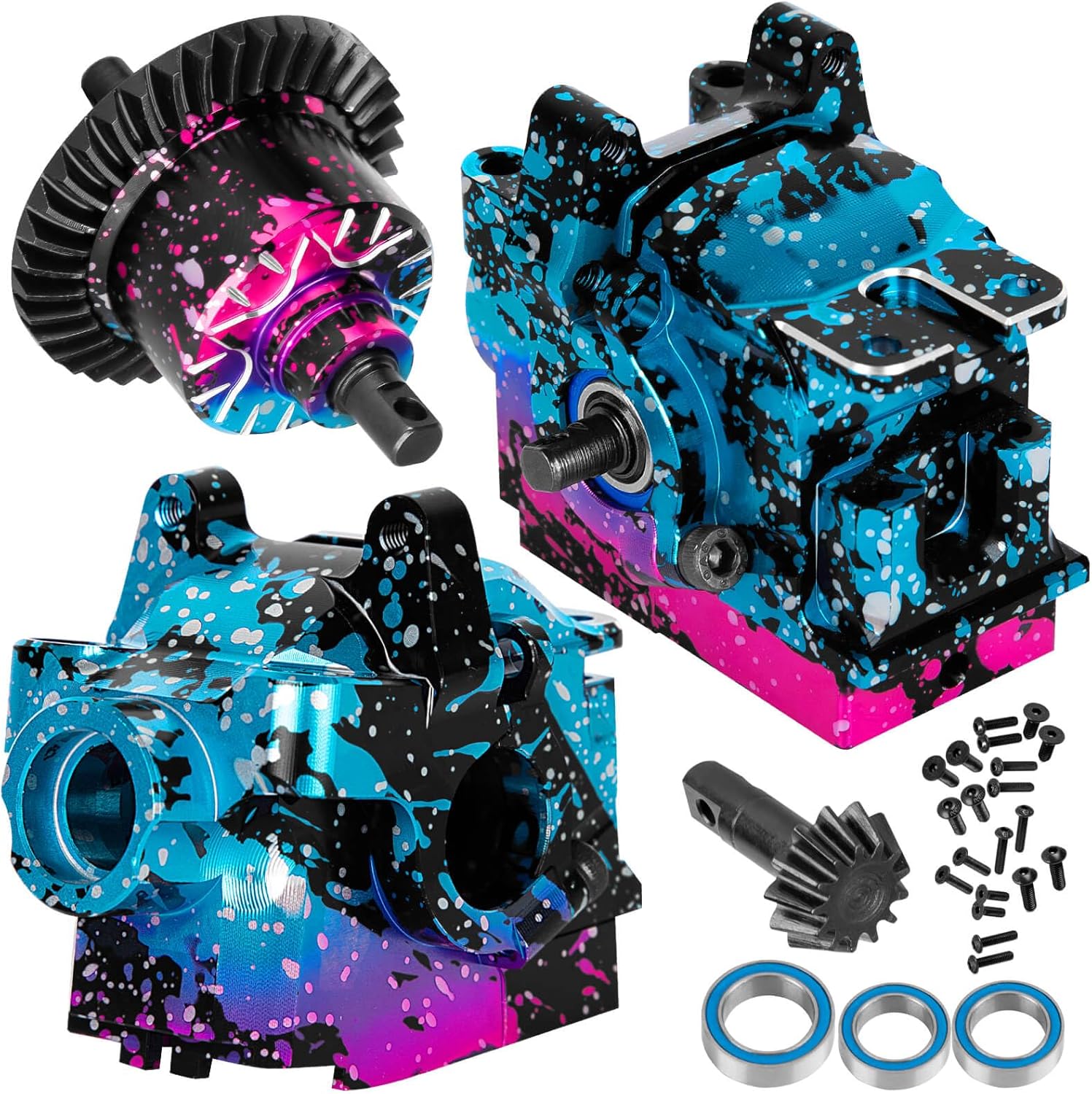 Aluminium Transmission Gearbox Upgrades Part for 1/10 Slash/Rustler/Stampede/Jato VXL 4X4 4WD,XO-1,RC Front Rear Gearbox & 37T Differential Gear,#6880#6881,Colorful(Blue Pink Tone)