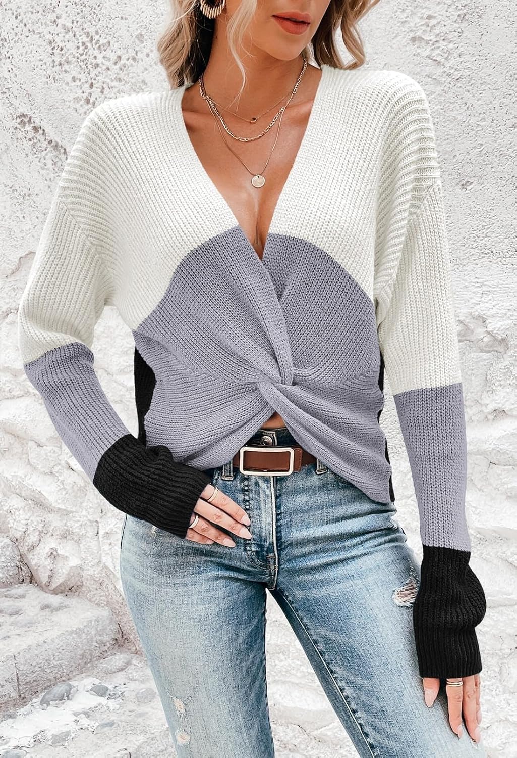 Pink Queen Women's 2025 Casual Pullover Sweaters Sexy V Neck Long Sleeve Twist Knot Cropped Knit Sweater Tops - Image 2