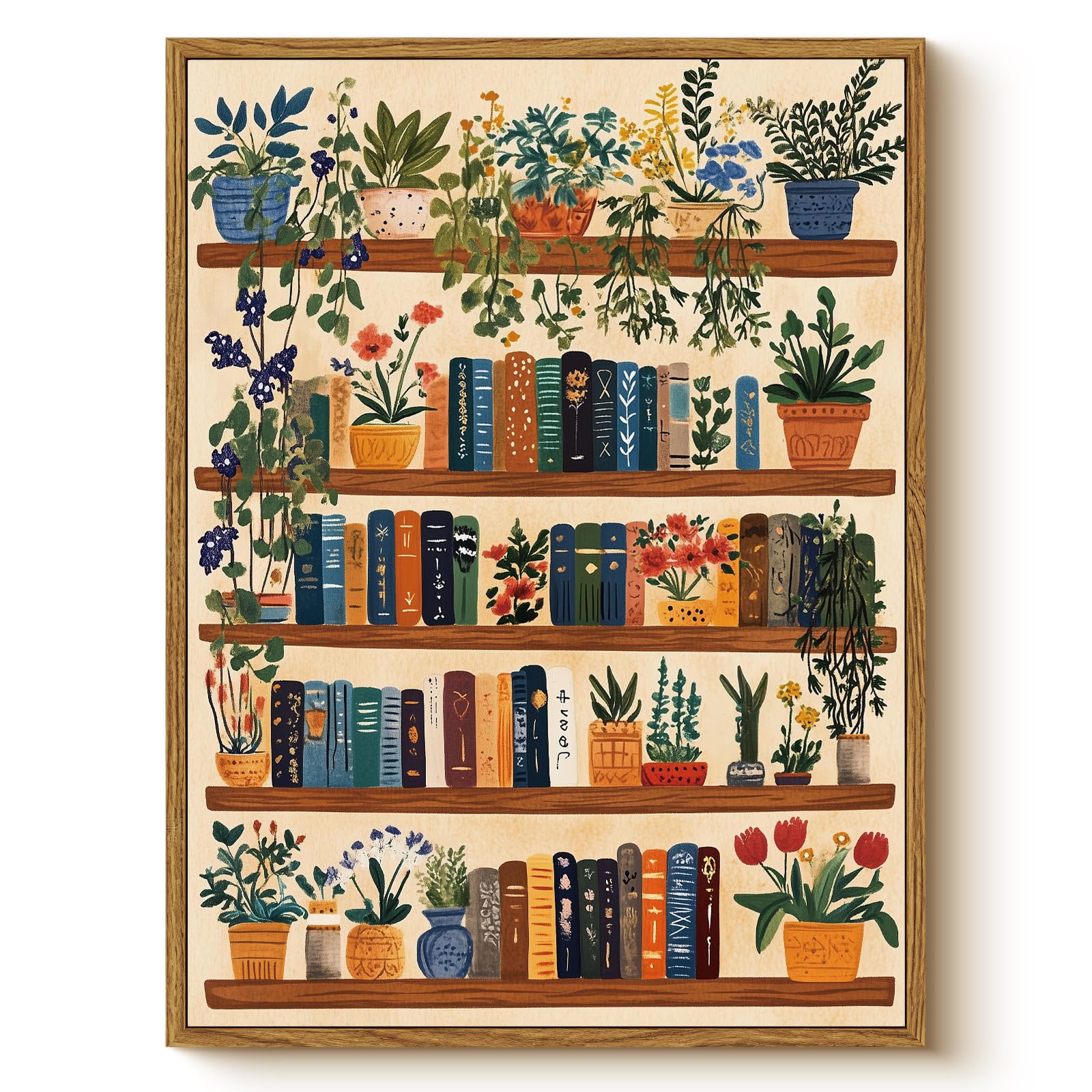Vintage Botanical Book Shelf Framed Canvas Wall Art 12x16 Colorful Plants Books Painting Retro Library Reading Gift Modern