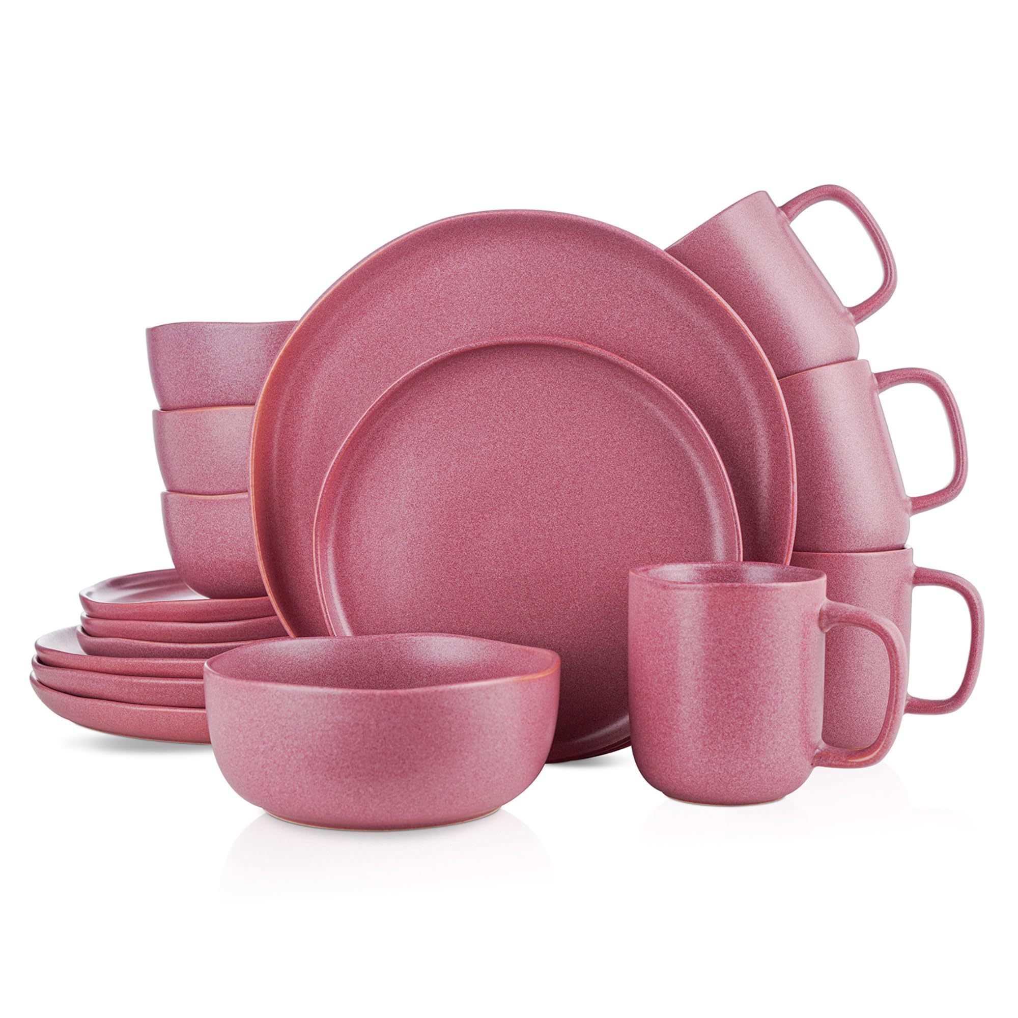 Stone Lain Tom Stoneware 16-Piece Reactive Glaze Dinnerware Set, Plates and Bowls Set, Microwave and Dishwasher Safe Dish Set for 4, Pink and White