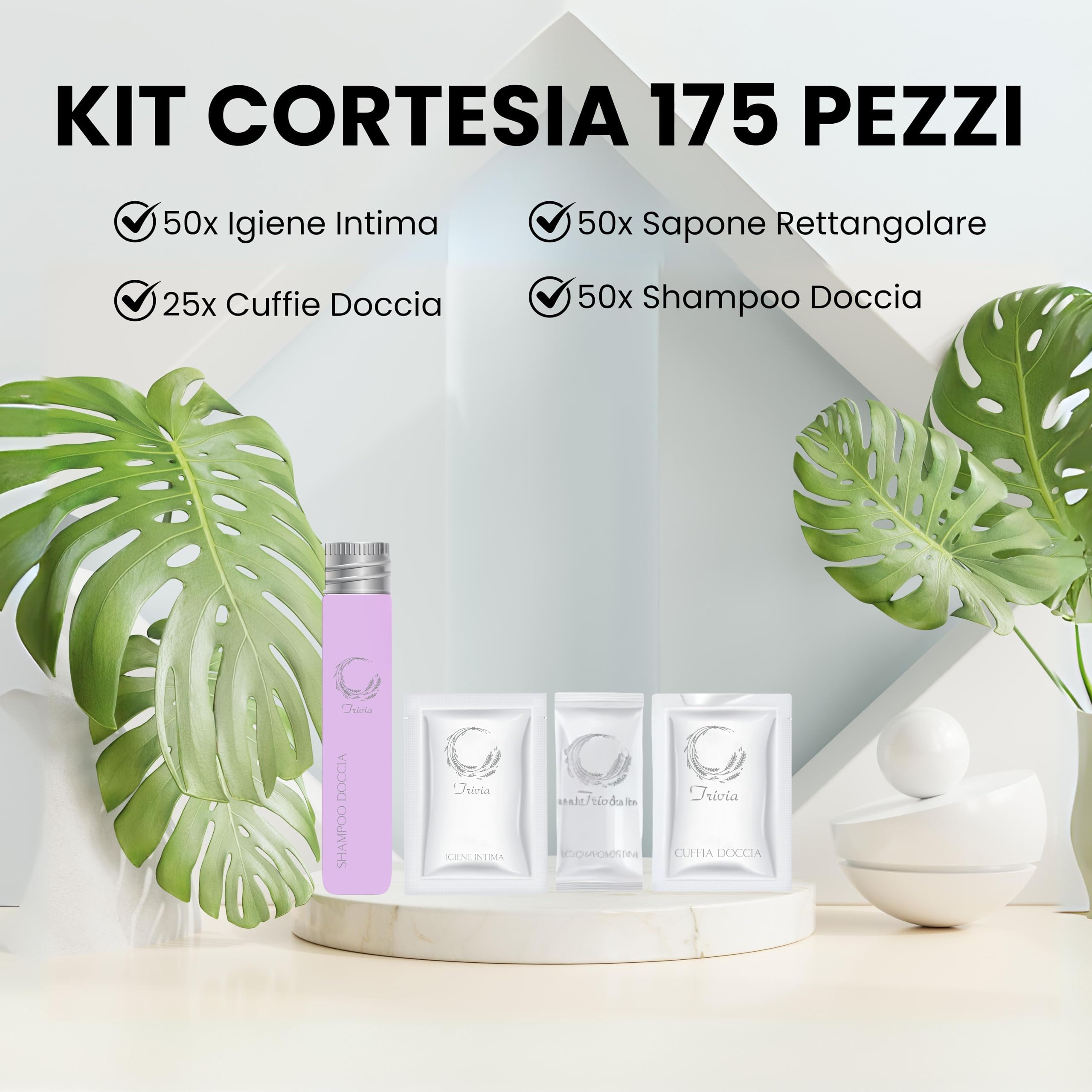 Kit Cortesia B&B Hotel Bagno Monouso 175 pezzi: 50x Shampoo Doccia Flacone 30ml 50x Igiene Intima Bustina 10ml 50x Sapone Rettangolare 25x Cuffie Doccia per Set Cortesia Bagno B&B Hotel Albergo