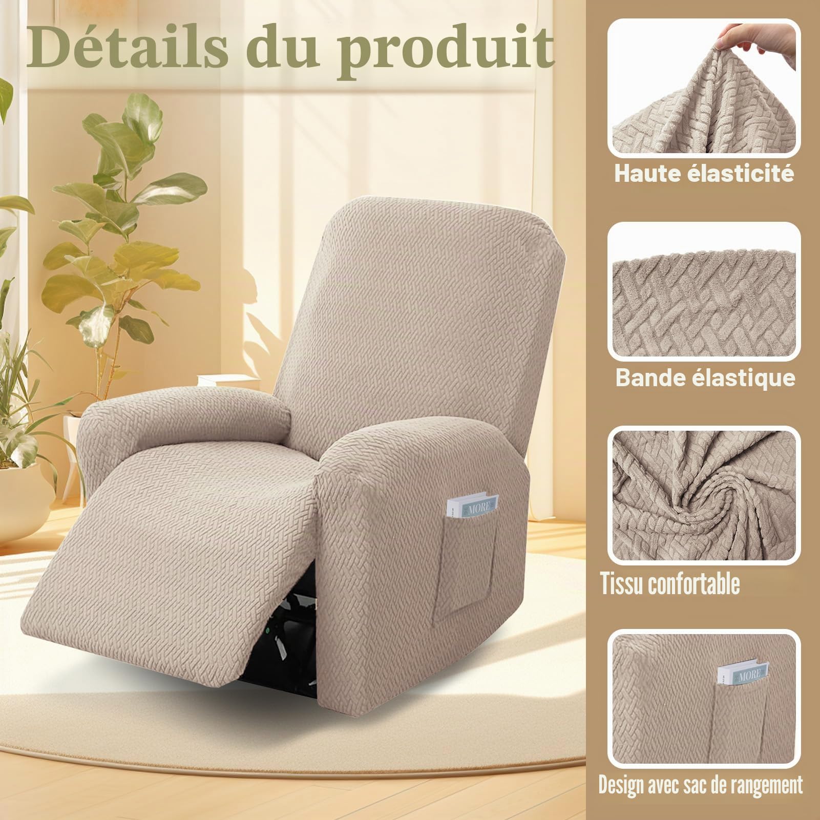 Lot de 4 Housses de Fauteuil de Relaxation 1 Place - Extensible - avec Poches - pour Fauteuil TV et Fauteuil de Relaxation - Antidérapante - Haute élasticité - avec Fond élastique