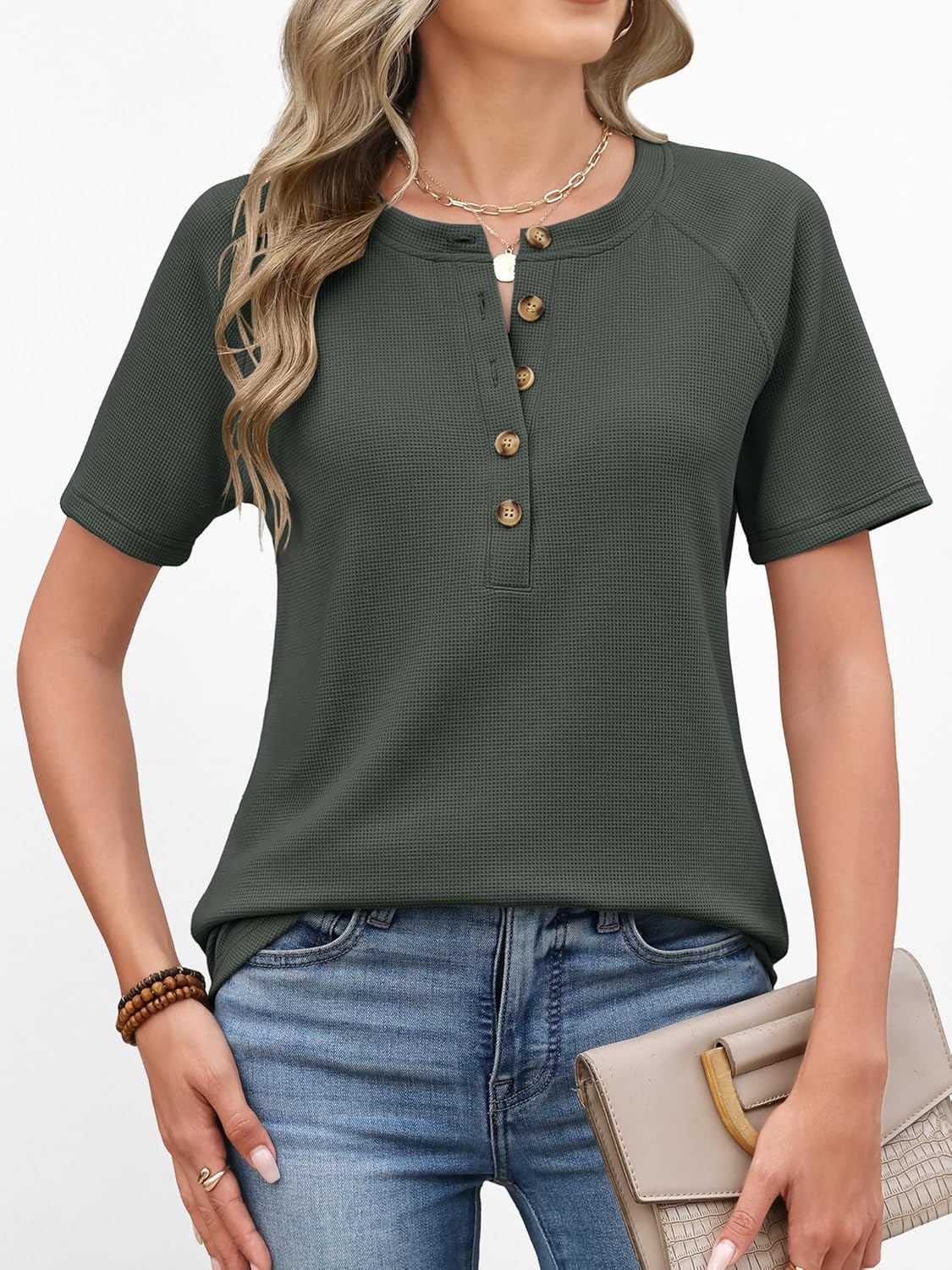 ANRABESS Women Waffle Knit Tops Short Sleeve Henley Shirts Dressy Casual Blouse 2026 Spring Fashion Outfits Trendy Clothes - Image 3