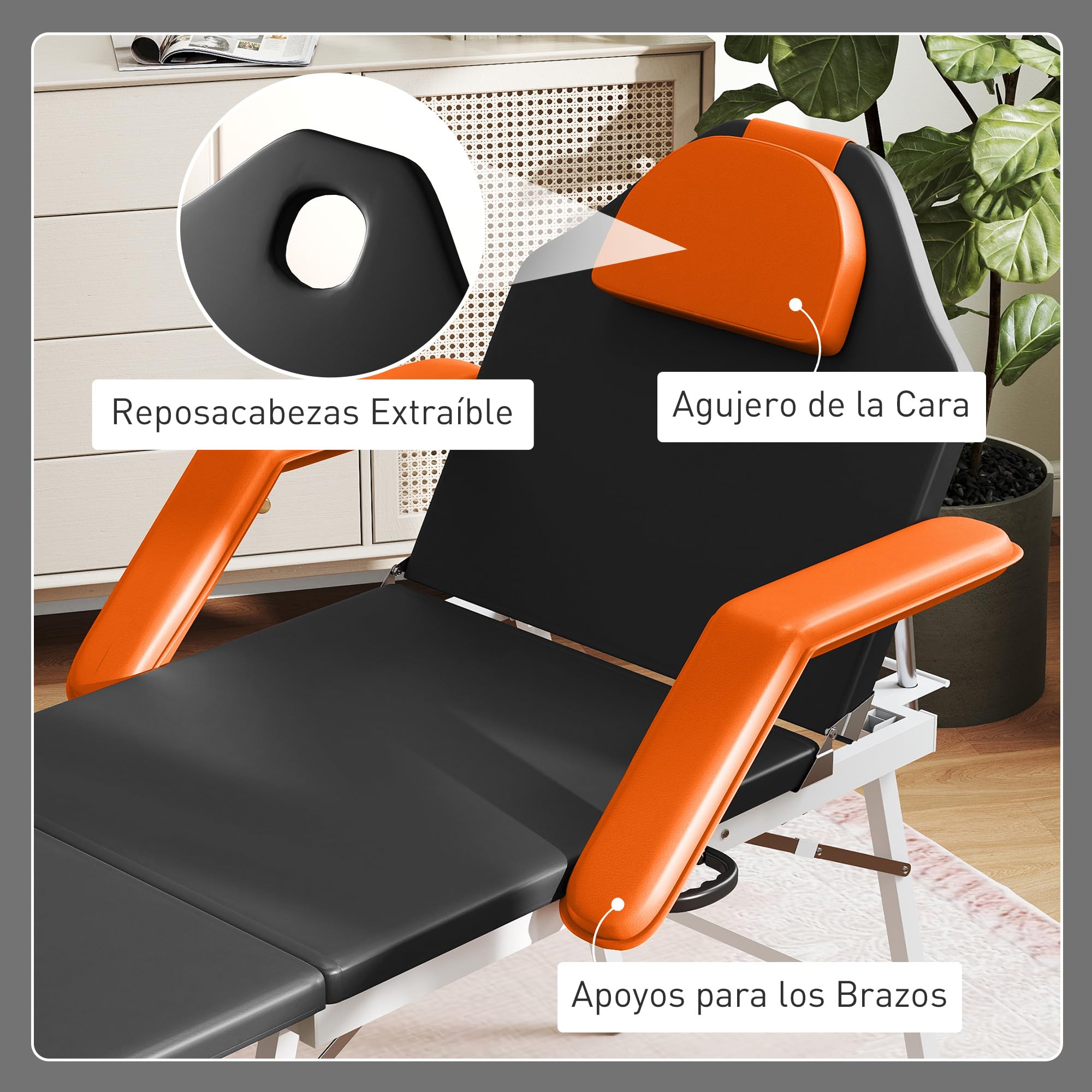 HOMCOM Camilla Masaje Plegable Portátil Camilla Estética Profesional de 3 Zonas con Respaldo Soporte para Piernas Ajustables Reposacabezas Extraíble Reposabrazos Acolchados para SPA 182x82 cm Naranja
