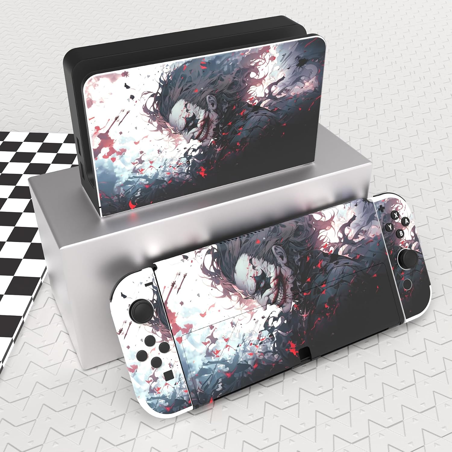 PlayVital Full Set Protective Stickers for Nintendo Switch OLED Model, Customized Vinyl Decal Skins for Switch OLED Console & Joycon & Dock & Grip - Killing Clown