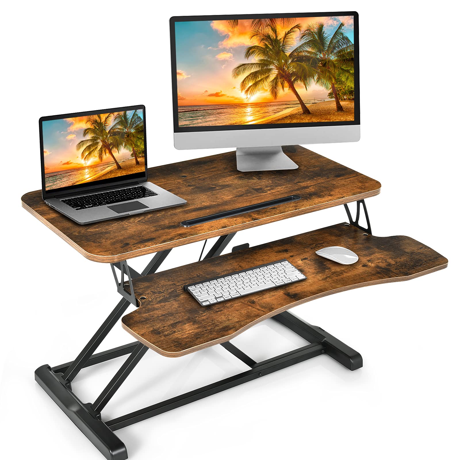 DREAMADE Höhenverstellbarer Sitz-Steh-Schreibtisch, Ergonomischer Schreibtischaufsatz mit Tastaturablage, Steharbeitsplatz, Stehpult für Computerbildschirm Laptop, Ideal für Homeoffice (Braun)