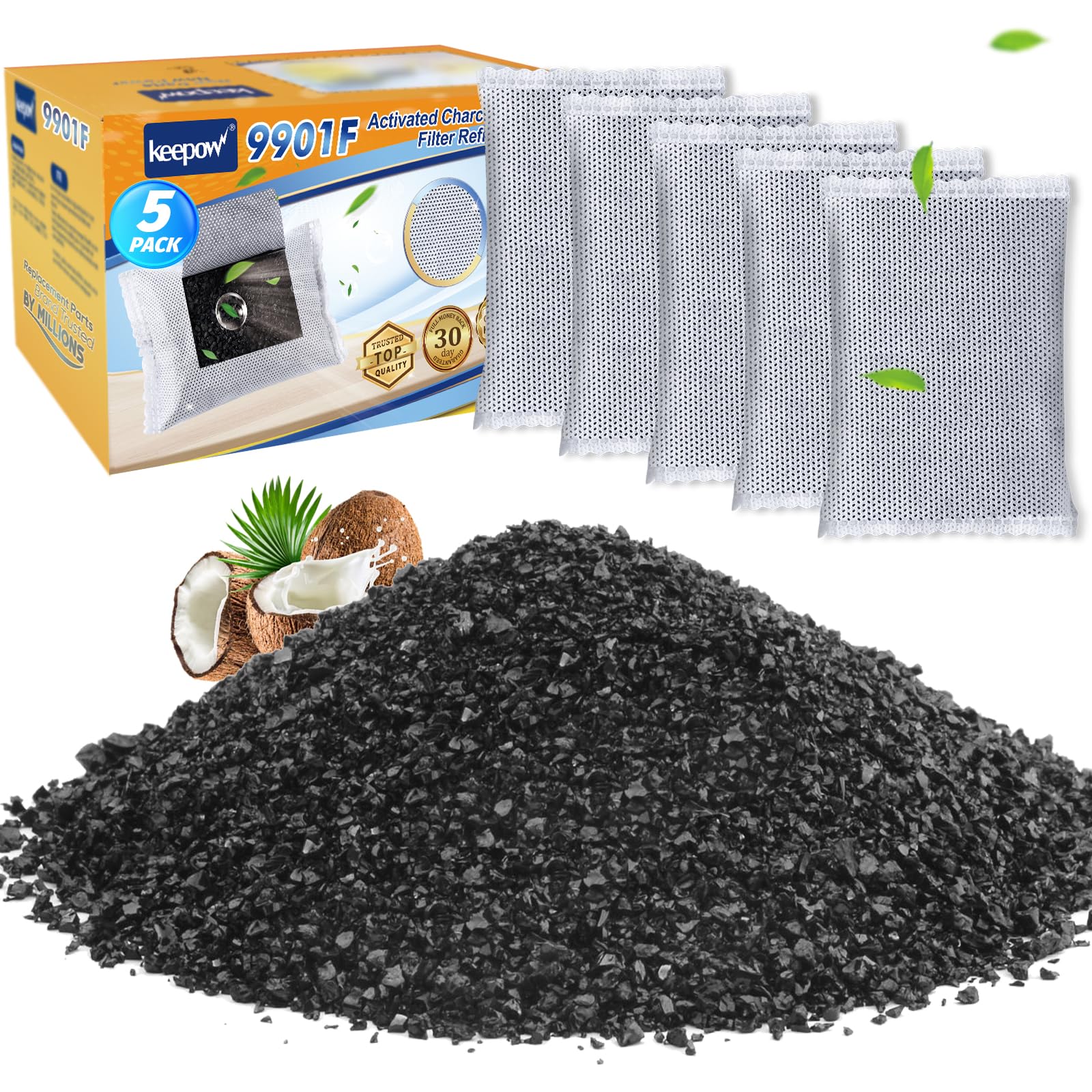 KEEPOW Activated Charcoal Odor Absorbing Filter Refill Deodorizer - Compatible with Trash Cans &amp; Diaper Pail Deodorizer Units, 8 Gallon and Larger, 5 Pack