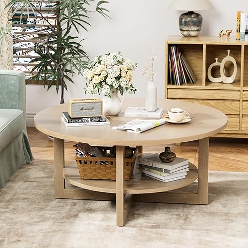 VICTONE Round Wood Coffee Table, 2-Tier Solid Wooden Circle Coffee Table for Living Room, Circular Rustic Farmhouse Coffee Table with Storage Shelf (Brown)