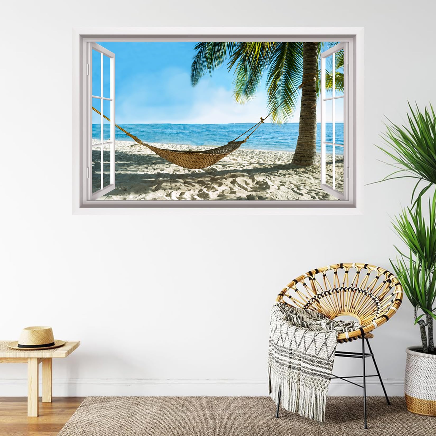 ANHUIB 3D Fake Window Wall Sticker 3D Beach Wall Stickers Seaside Landscape Wall Stickers 3D Sea View Wall Art for Living Room Mural Decals for Bedroom Bathroom Removable Seascape Decals 84×52cm - Image 2