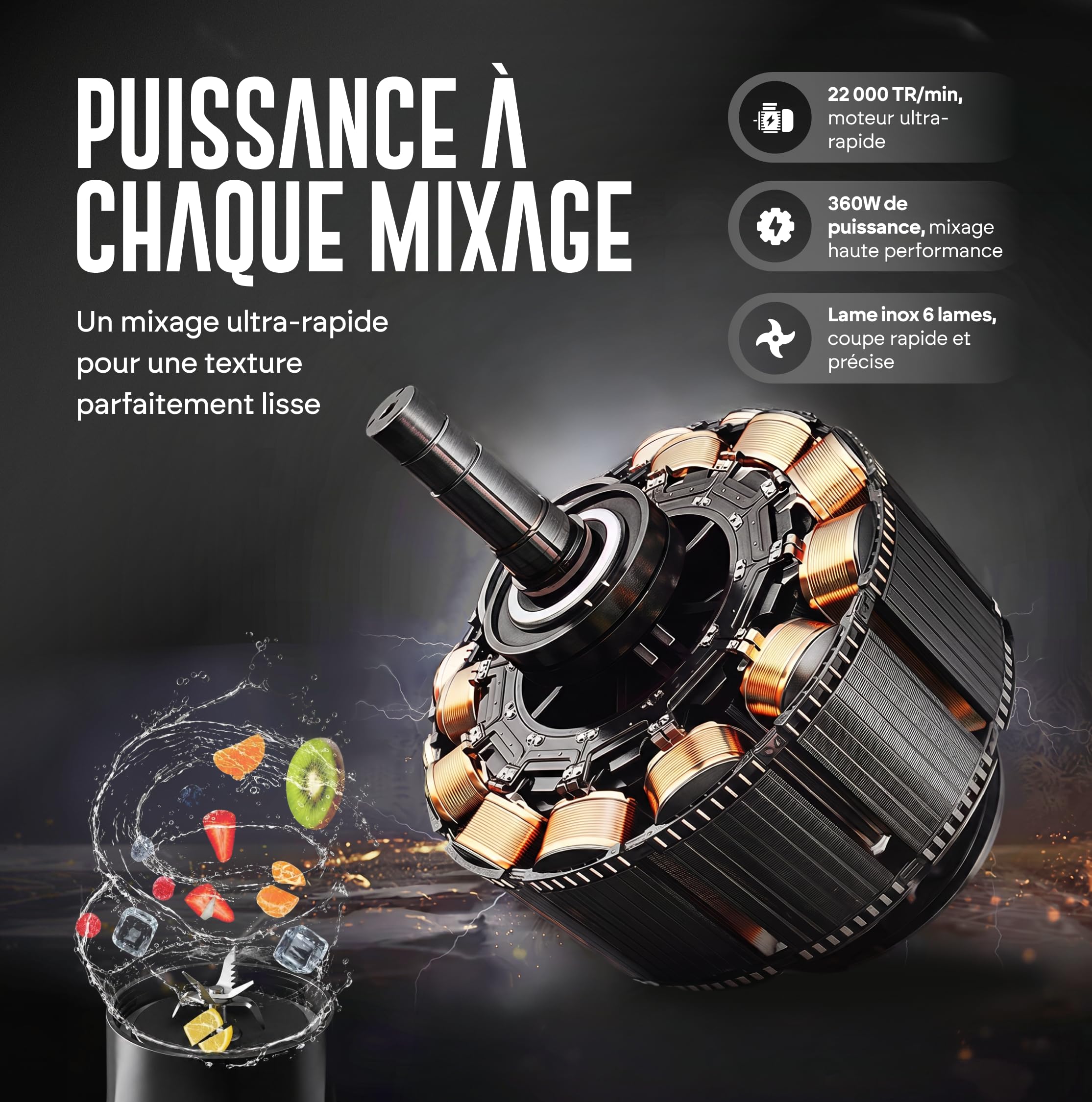 Blender Portable 700 ml, Mixeur Smoothie & Milkshake Rechargeable, 6 Lames Inox, 360 W, Broyeur à Glace, Shaker Protéiné Fruits et Légumes, Nettoyage Facile avec Brosse Incluse
