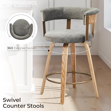 Zouron Swivel Bar Stools Set of 2, Fabric Upholstered Island Chairs with Wooden Legs for Kitchen Counter, Dark Grey