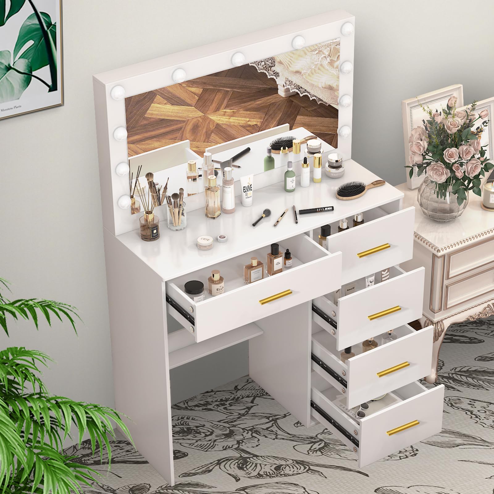 Make-uptafel met ledverlichting, kaptafel met spiegel en kruk