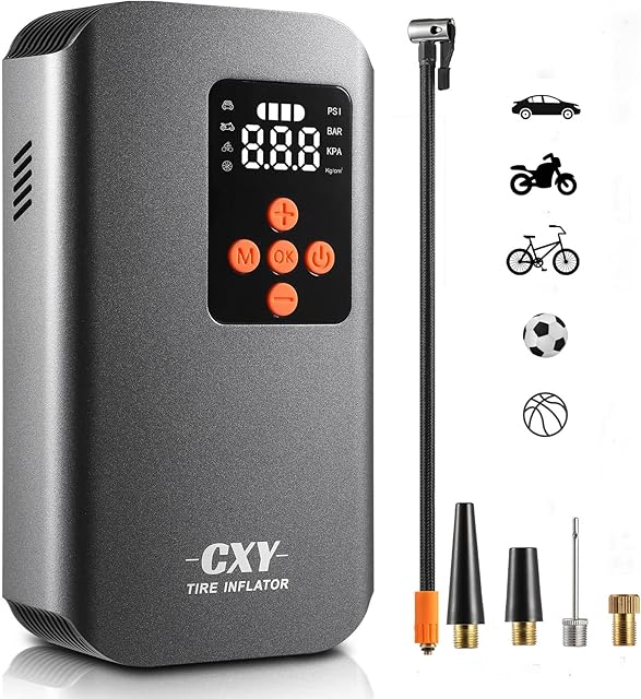 Cxy Cordless Tyre Inflator, Digital Electrical Bike Tyre Pump, 7500mAh Rechargeable Car Pumps with 4 Different Nozzles For Cars, Motorcycle, Bicycle and Balls